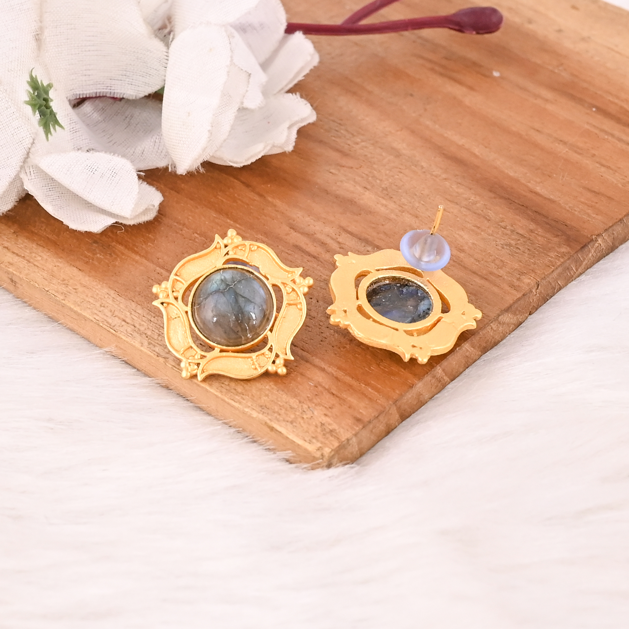 Stylish Natural Labradorite Stud Earrings Gold Plated Handmade Brass Jewelry for Women