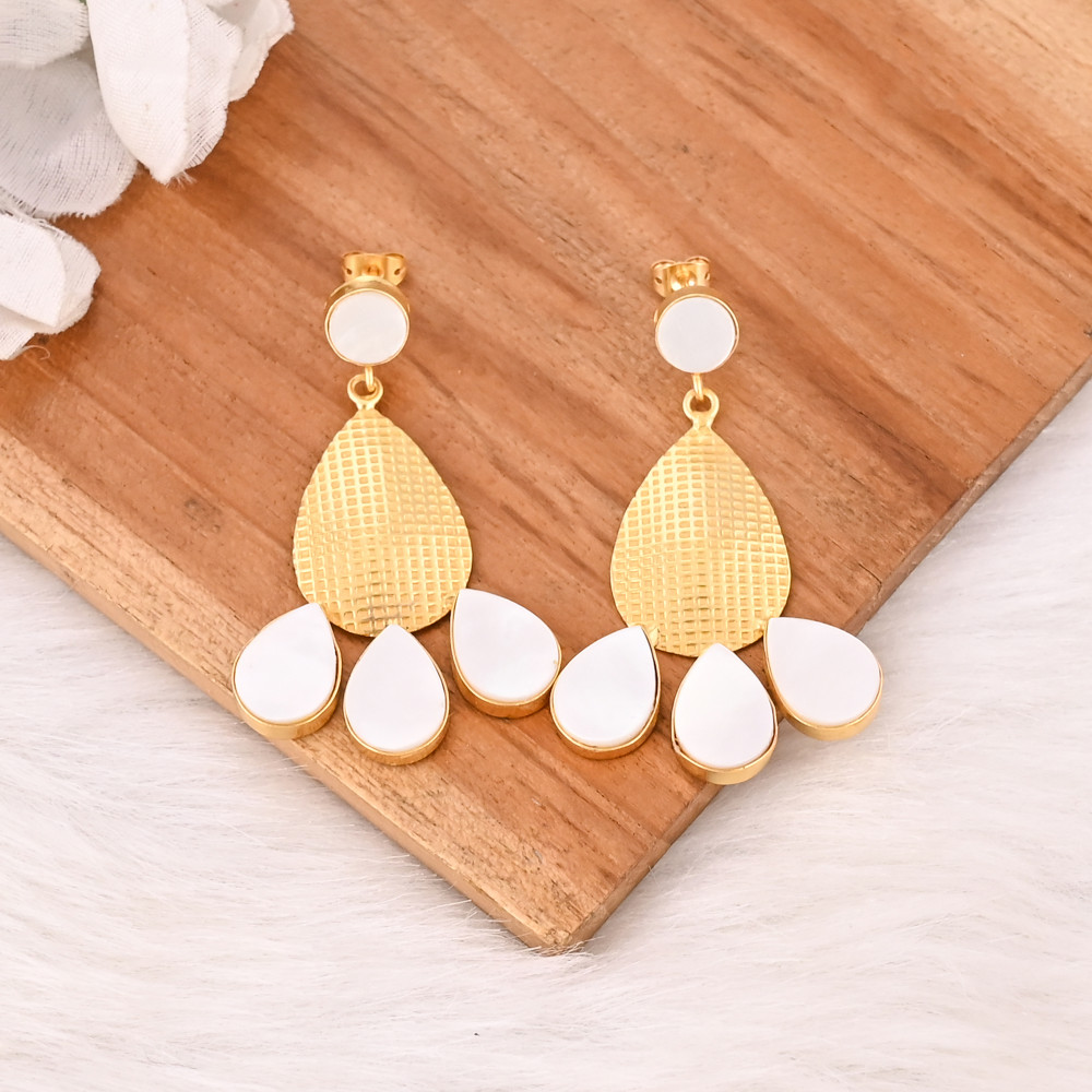 Image of Natural Mother Of Pearl Dangle Brass Earrings Handmade Fashion Jewelry for Women