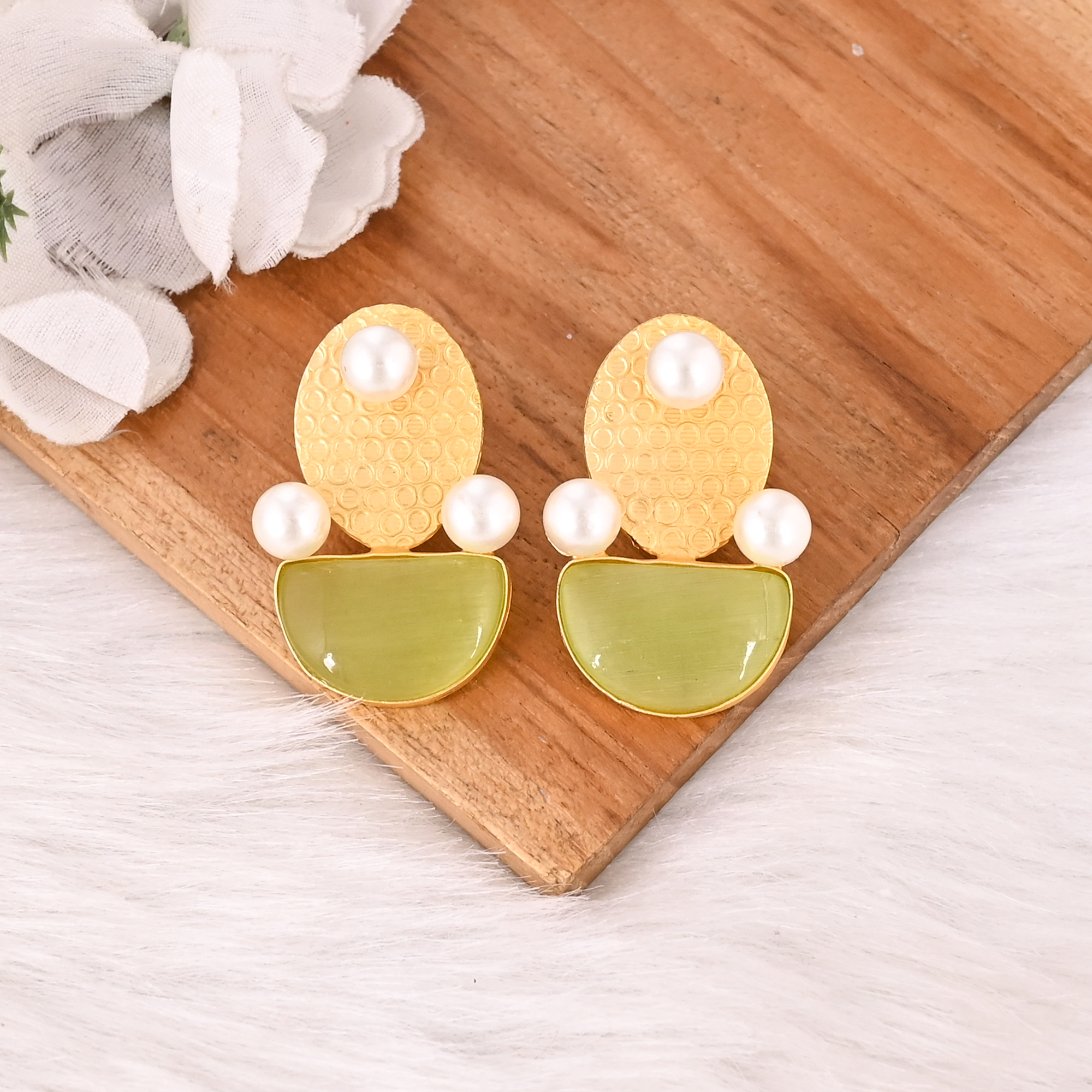 Elegant Lemon Cats Eye  Pearl Gemstone Earrings Designer Brass Fashion Jewelry for Women