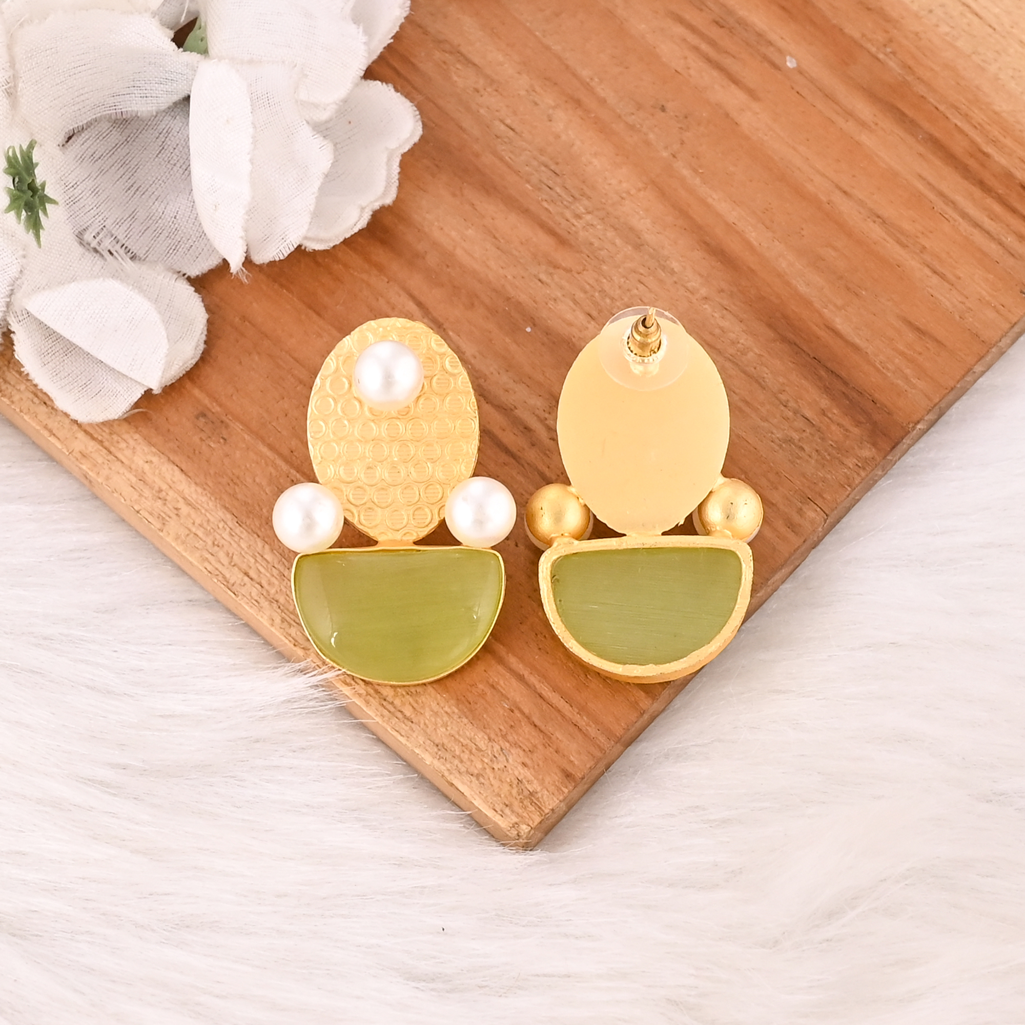 Elegant Lemon Cats Eye  Pearl Gemstone Earrings Designer Brass Fashion Jewelry for Women