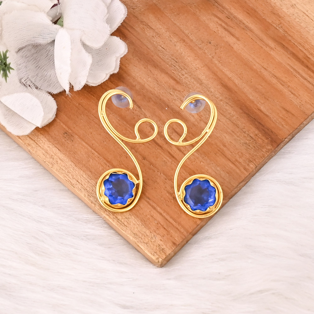 Image of Elegant Gold Plated Ink Blue Hydro Gemstone Brass Earring Handmade Fashion Jewelry for Women Gift
