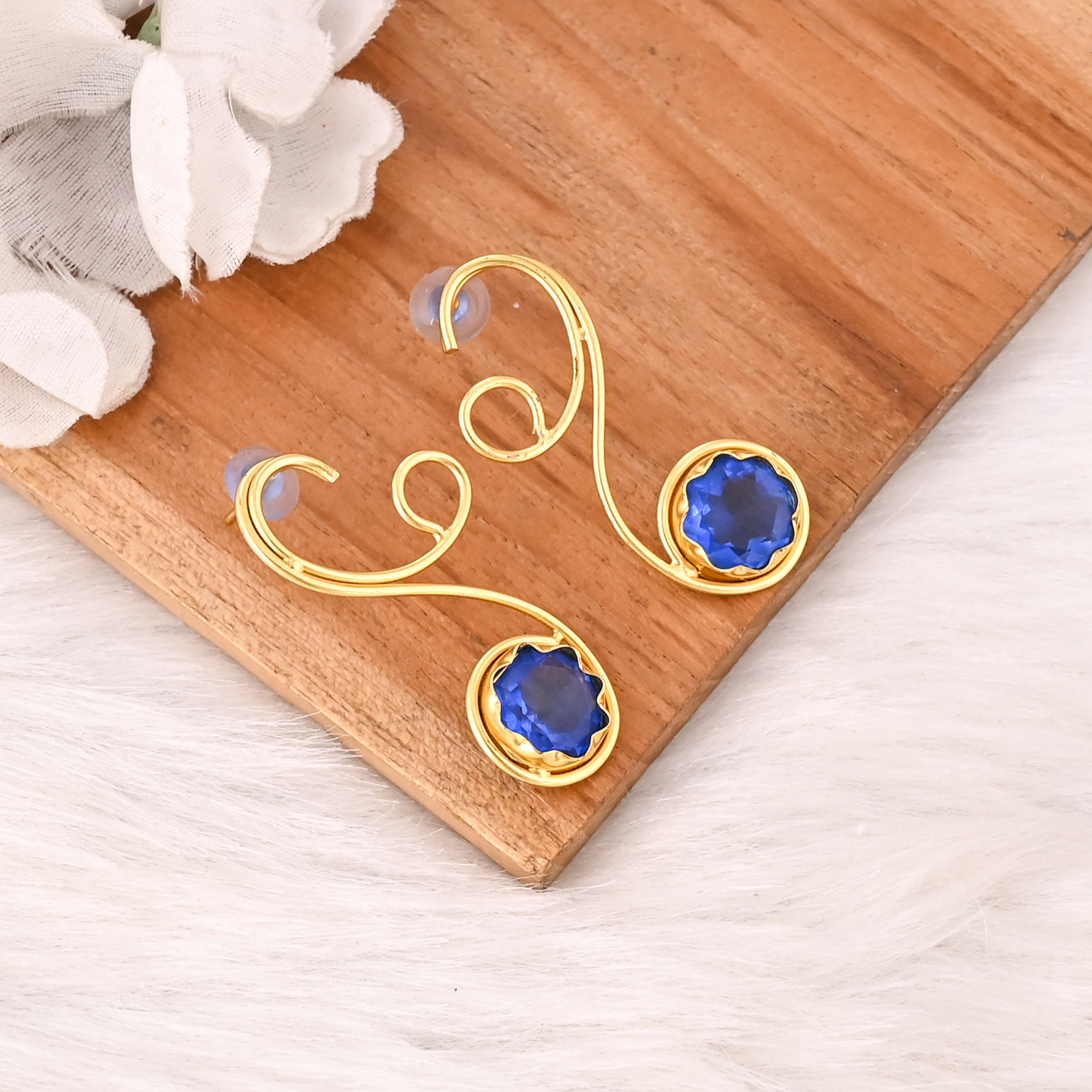 Elegant Gold Plated Ink Blue Hydro Gemstone Brass Earring Handmade Fashion Jewelry for Women Gift