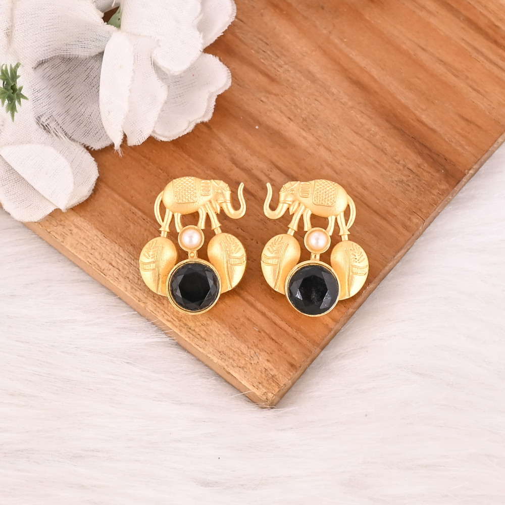 Image of Natural Black Onyx &amp; Pearl Gold Plated Brass Dangle Earrings Handmade Fashion Jewelry for Women