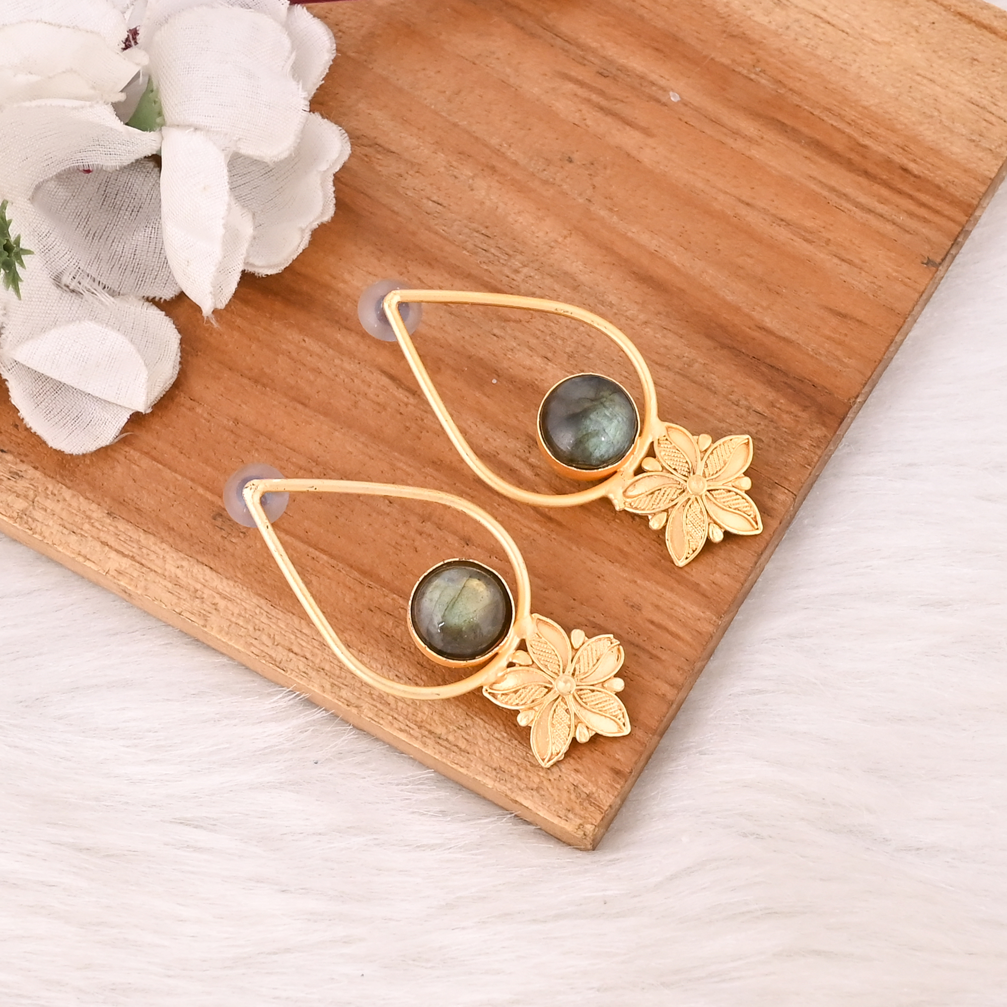 Stylish Natural Labradorite Earrings Gold Plated Handmade Brass Jewelry for Women