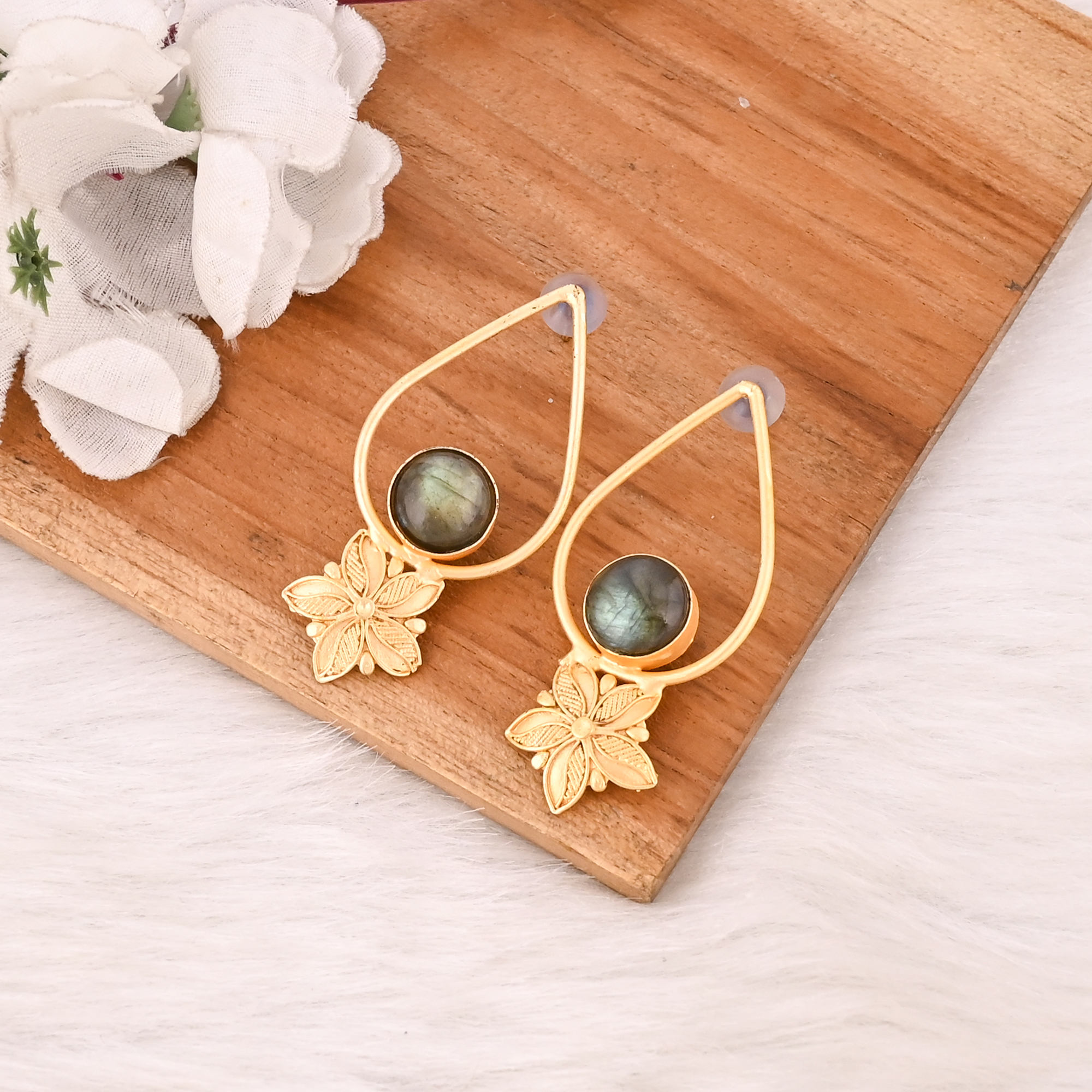 Stylish Natural Labradorite Earrings Gold Plated Handmade Brass Jewelry for Women