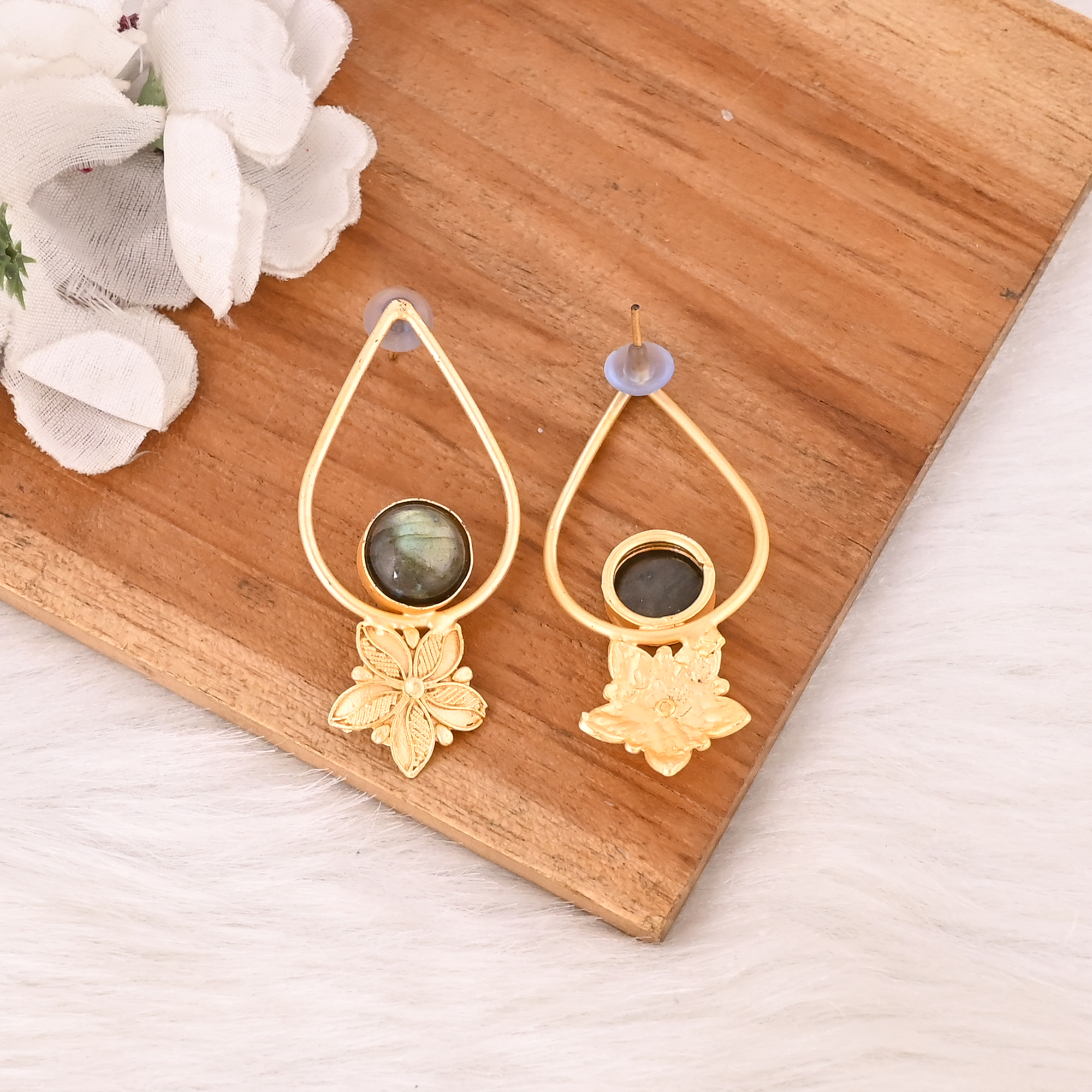 Stylish Natural Labradorite Earrings Gold Plated Handmade Brass Jewelry for Women