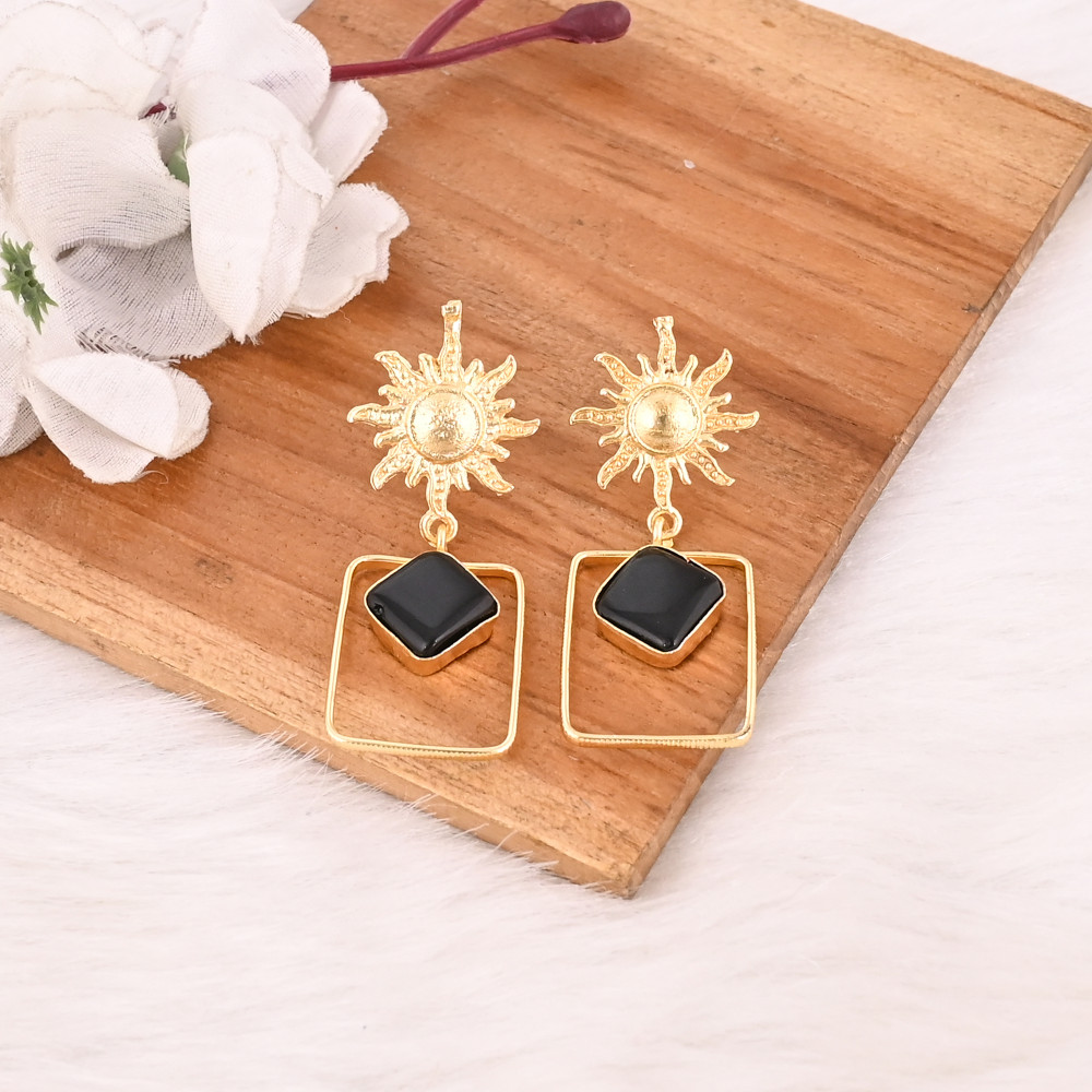 Image of Natural Black Onyx Gold Plated Brass Dangle Earrings Handmade Fashion Jewelry for Women