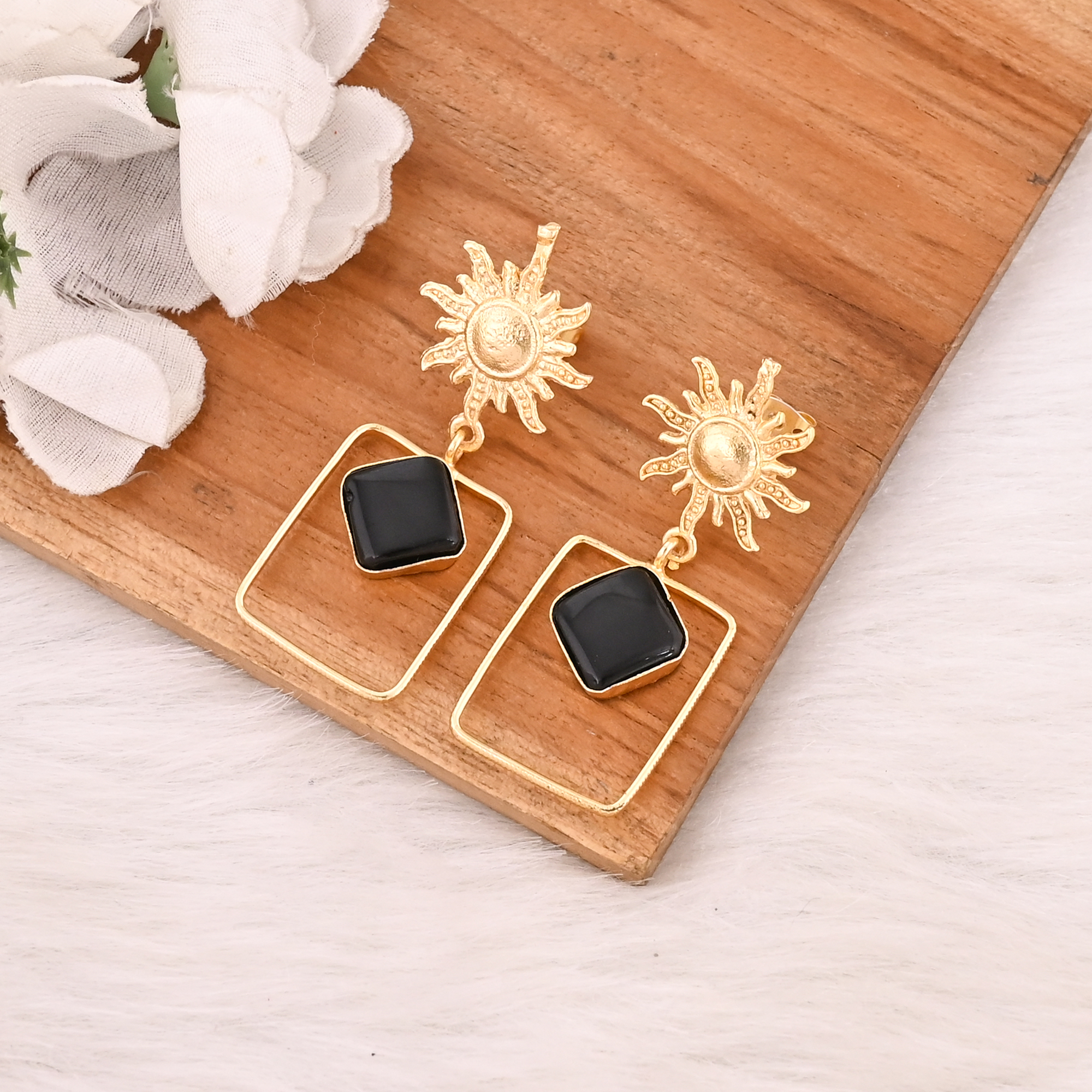 Natural Black Onyx Gold Plated Brass Dangle Earrings Handmade Fashion Jewelry for Women