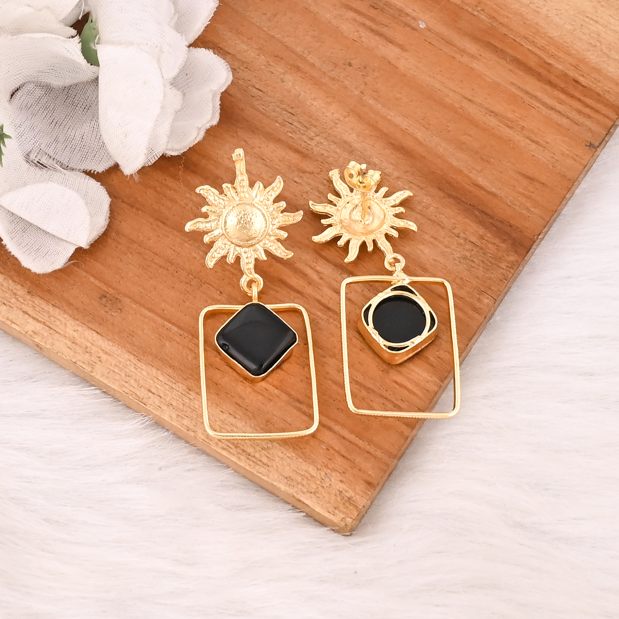 Natural Black Onyx Gold Plated Brass Dangle Earrings Handmade Fashion Jewelry for Women
