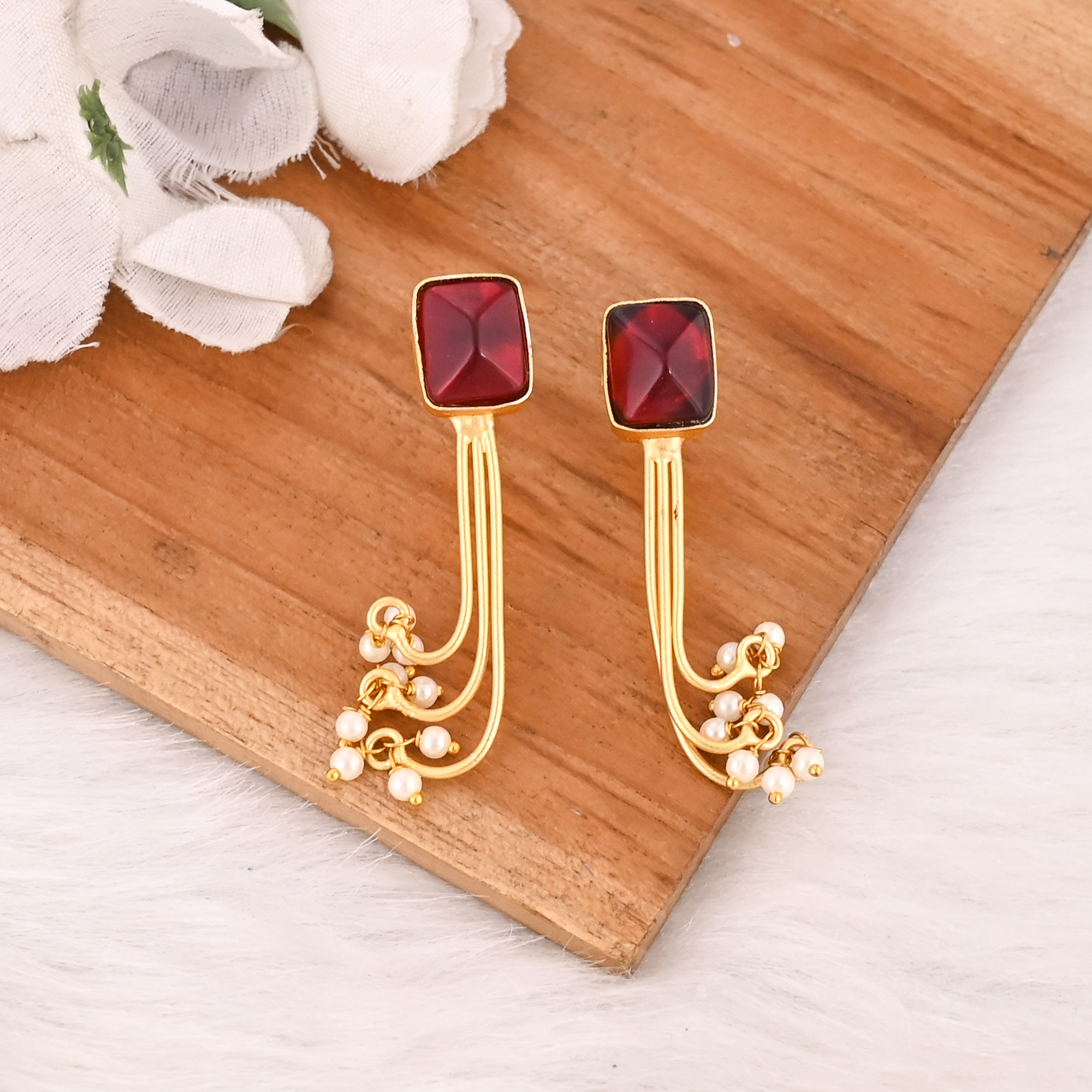 Stylish Garnet Hydro  Pearl Stone Drop Earrings Gold Plated Handmade Brass Jewelry for Women