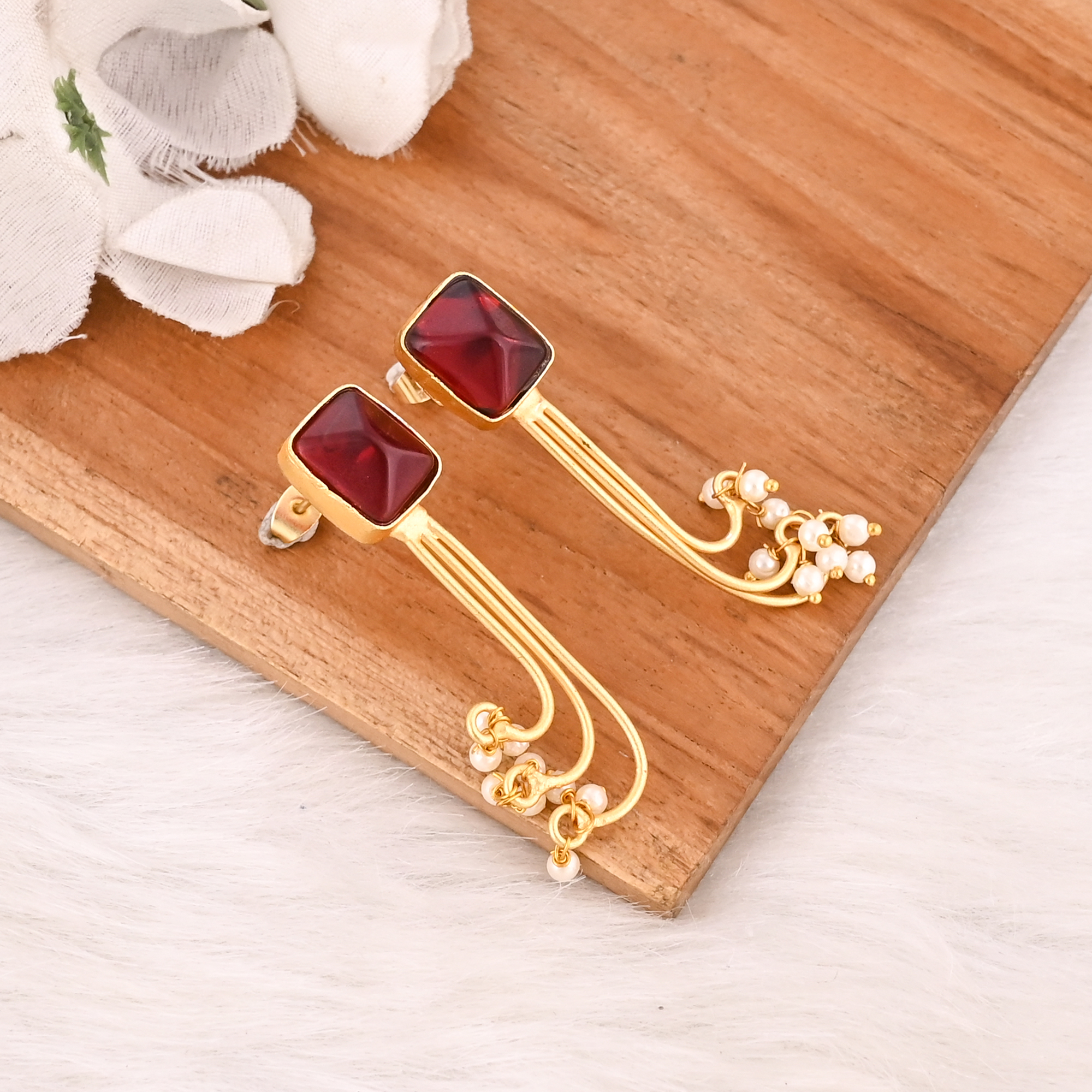 Stylish Garnet Hydro  Pearl Stone Drop Earrings Gold Plated Handmade Brass Jewelry for Women