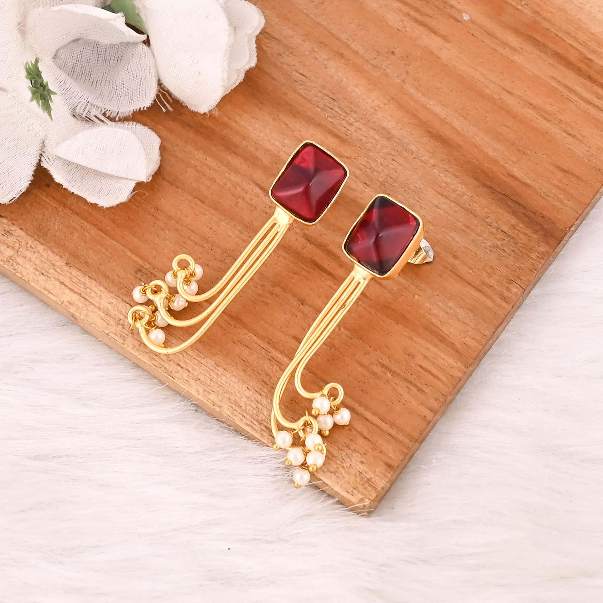 Stylish Garnet Hydro  Pearl Stone Drop Earrings Gold Plated Handmade Brass Jewelry for Women