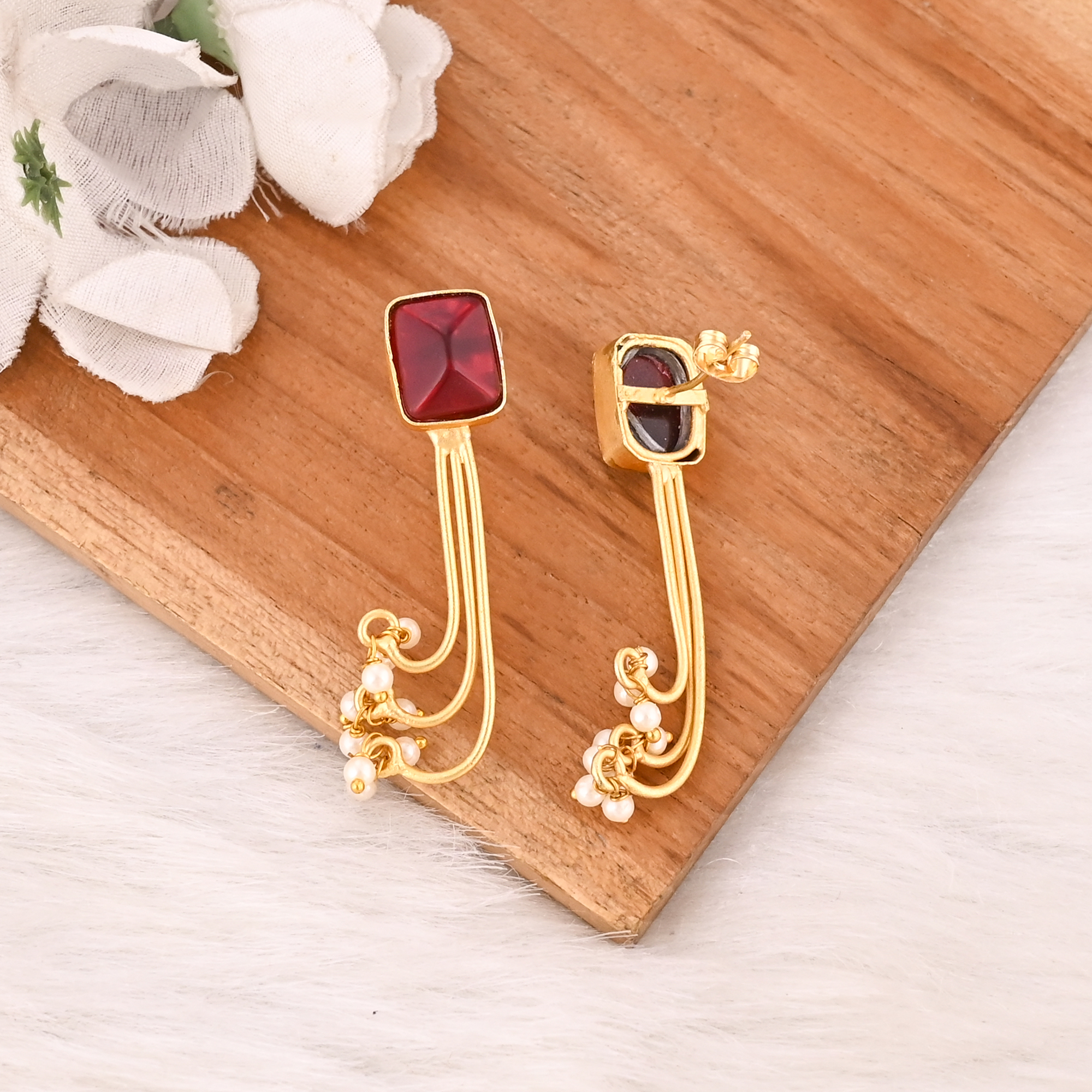 Stylish Garnet Hydro  Pearl Stone Drop Earrings Gold Plated Handmade Brass Jewelry for Women