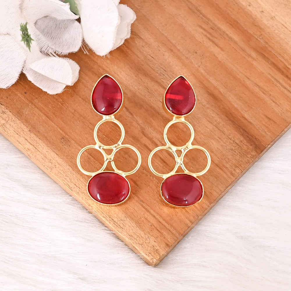 Image of Handmade Red Hydro Gemstone Brass Drop Earrings Gold Plated Fashion Jewelry for Women