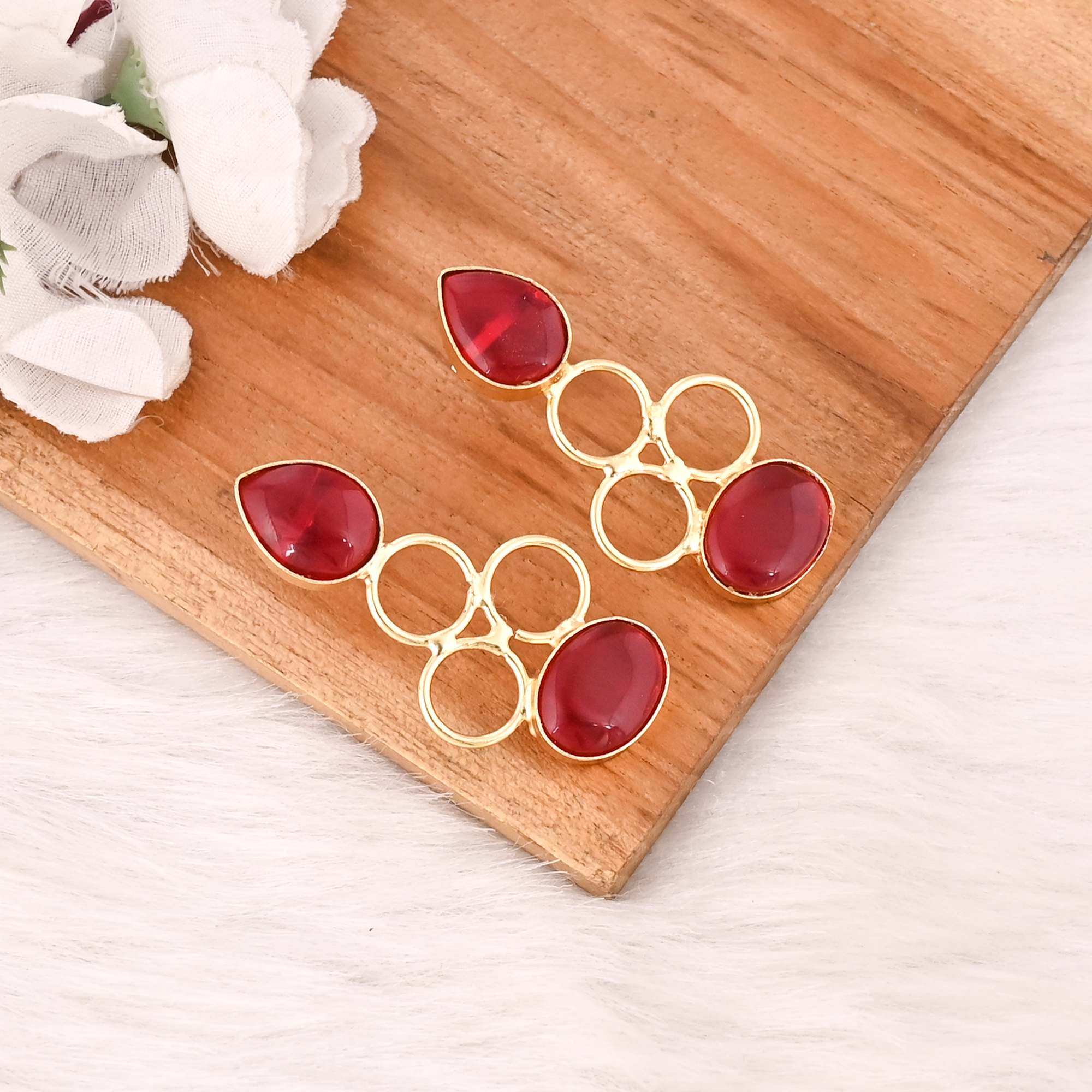 Handmade Red Hydro Gemstone Brass Drop Earrings Gold Plated Fashion Jewelry for Women