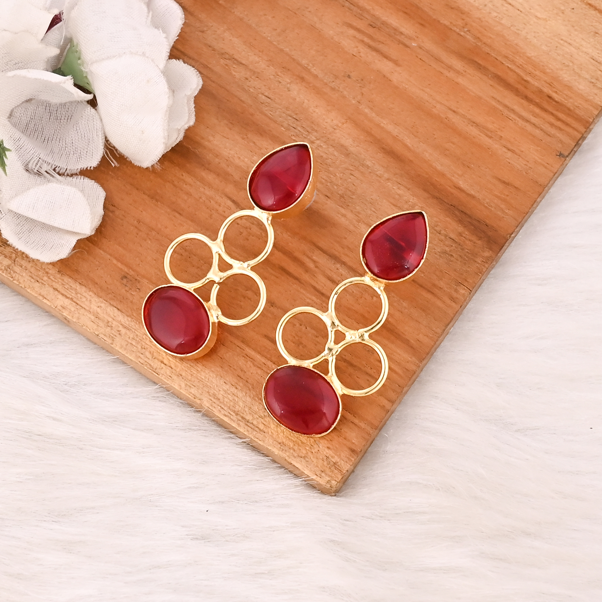 Handmade Red Hydro Gemstone Brass Drop Earrings Gold Plated Fashion Jewelry for Women