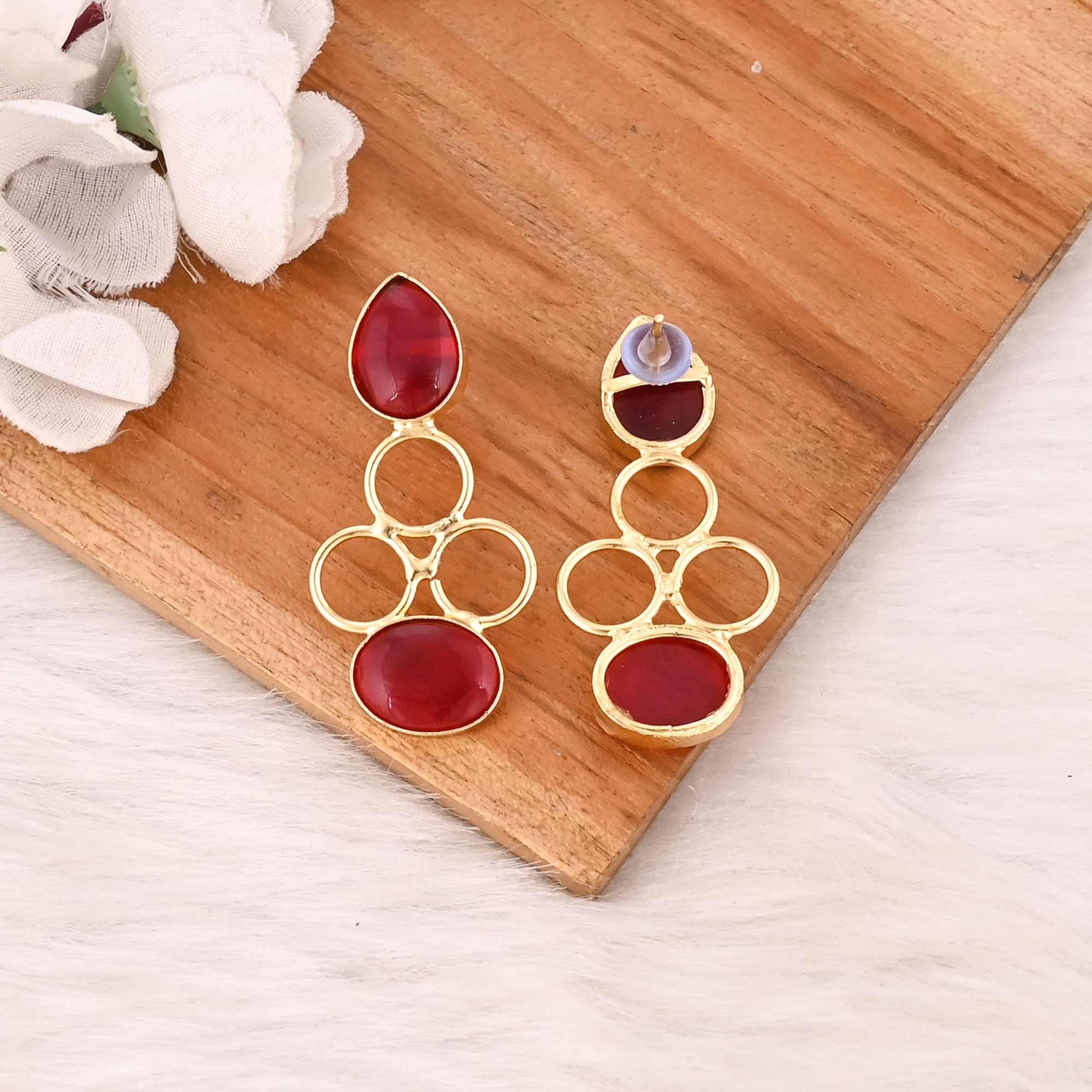 Handmade Red Hydro Gemstone Brass Drop Earrings Gold Plated Fashion Jewelry for Women