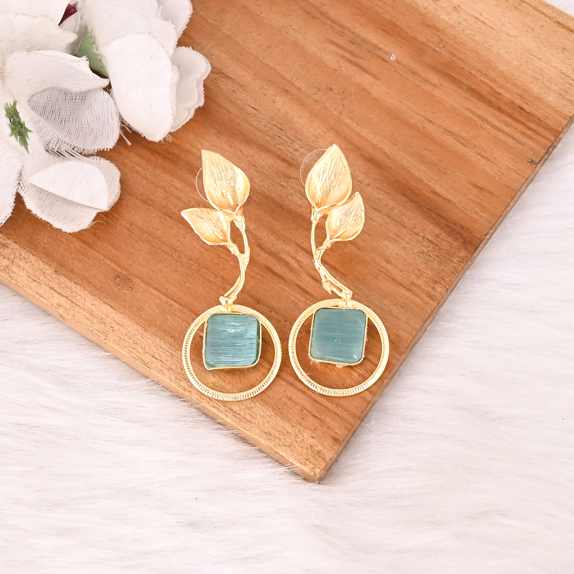 Handmade Green Cats Eye Gemstone Brass Earrings Trendy Fashion Statement Jewelry for Women