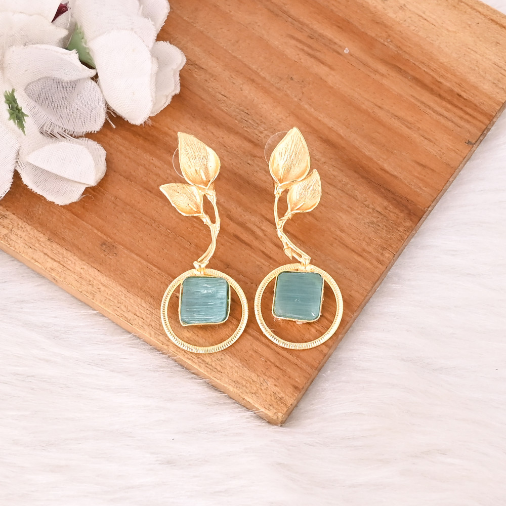 Image of Handmade Green Cat's Eye Gemstone Brass Earrings Trendy Fashion Statement Jewelry for Women