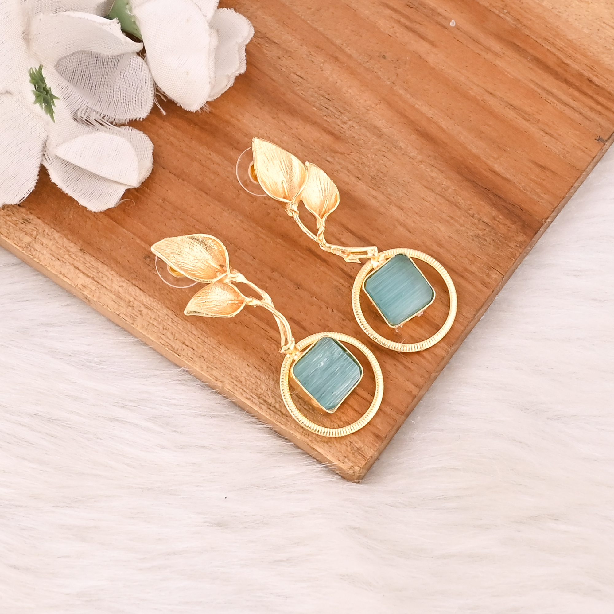 Handmade Green Cats Eye Gemstone Brass Earrings Trendy Fashion Statement Jewelry for Women