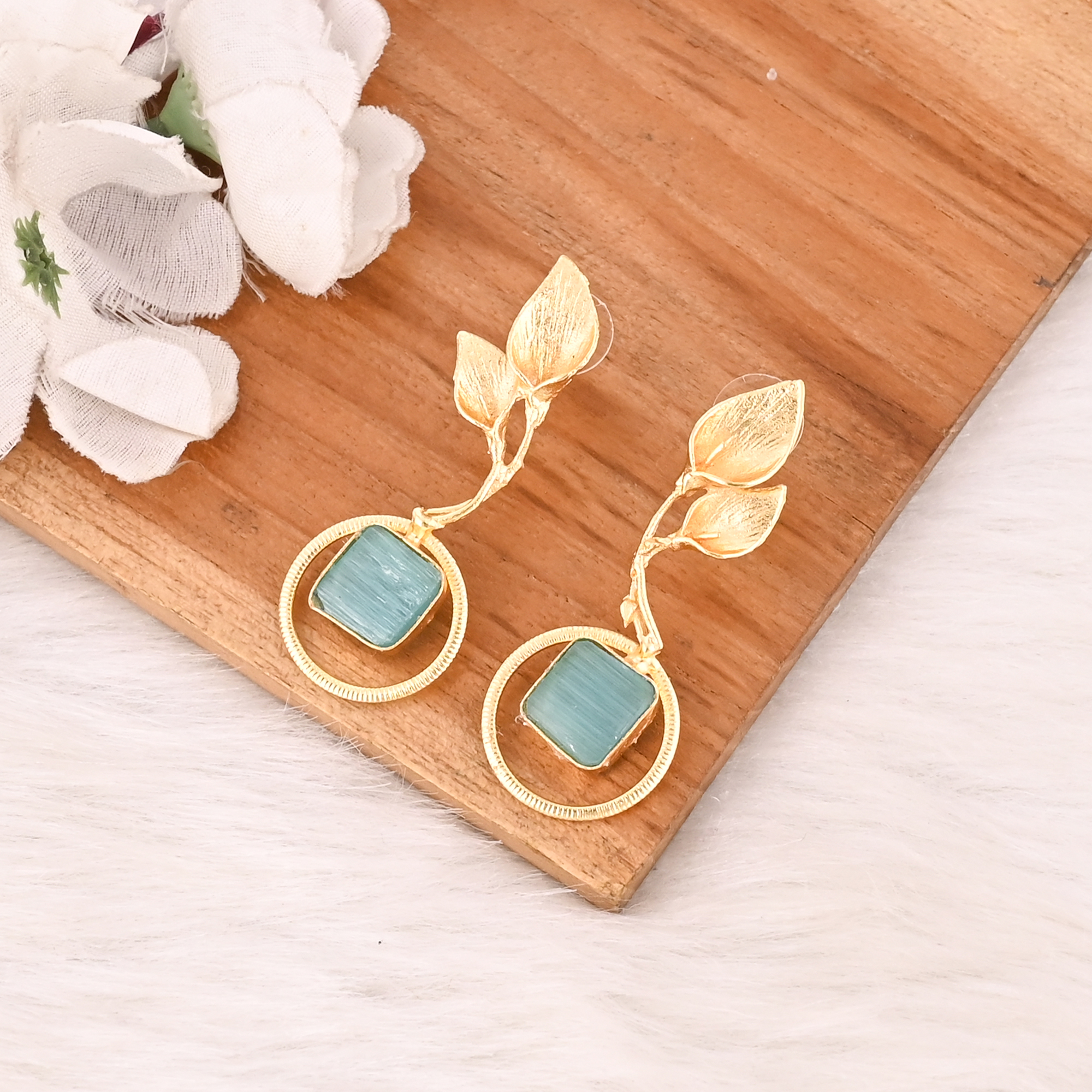 Handmade Green Cats Eye Gemstone Brass Earrings Trendy Fashion Statement Jewelry for Women