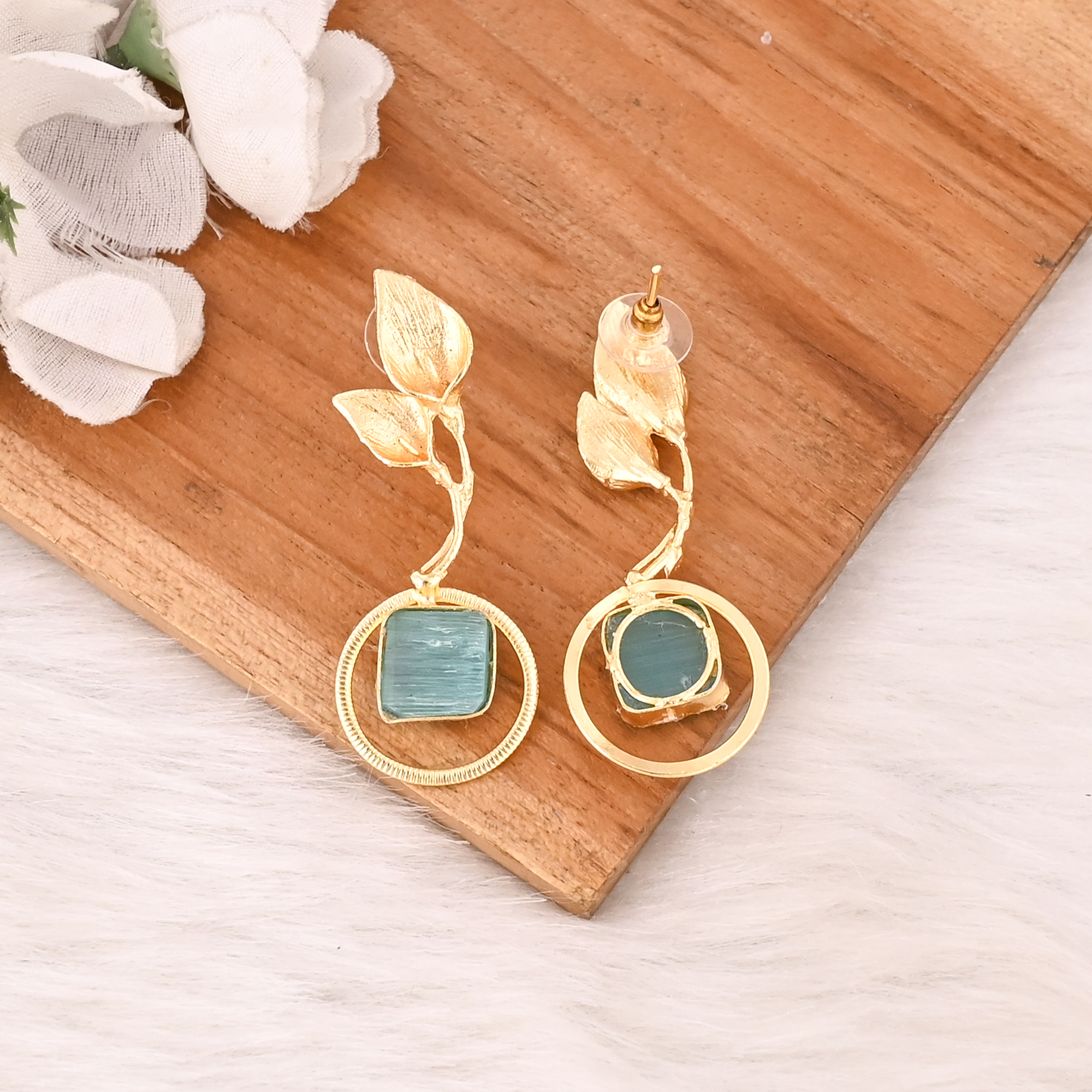Handmade Green Cats Eye Gemstone Brass Earrings Trendy Fashion Statement Jewelry for Women