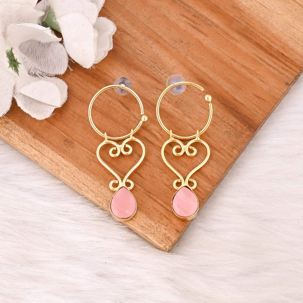 Image of Elegant Pink Opal Gemstone Earrings Gold Plated Brass Fashion Jewelry for Women