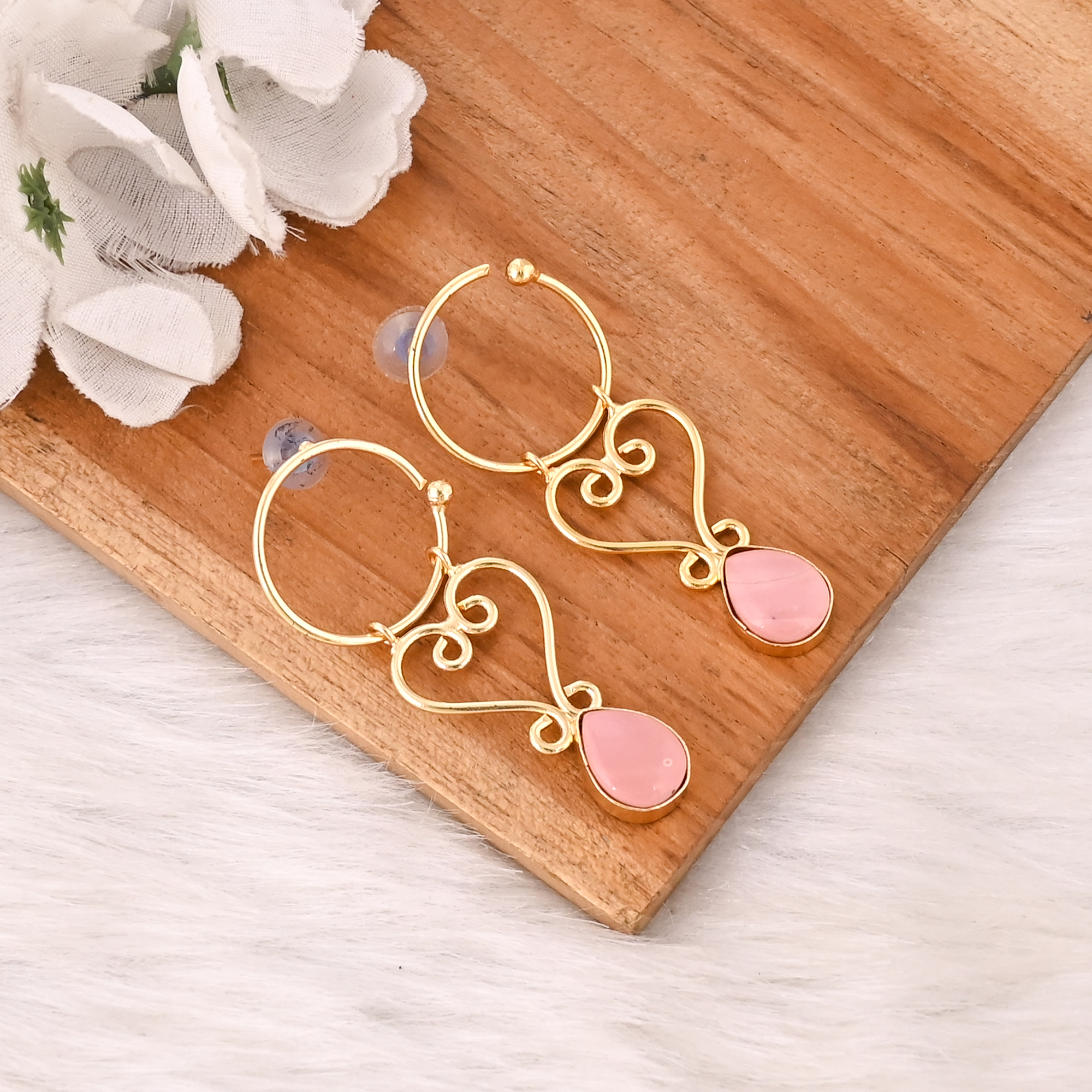 Elegant Pink Opal Gemstone Earrings Gold Plated Brass Fashion Jewelry for Women