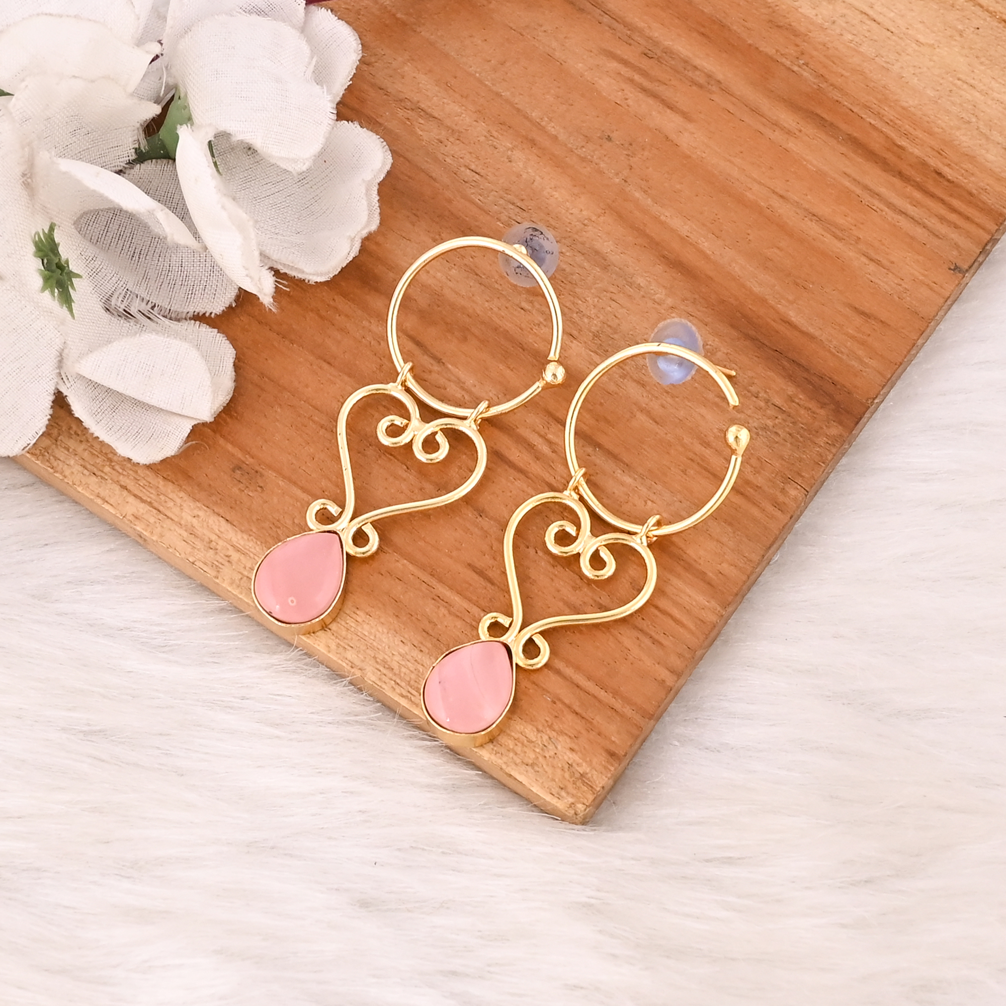 Elegant Pink Opal Gemstone Earrings Gold Plated Brass Fashion Jewelry for Women