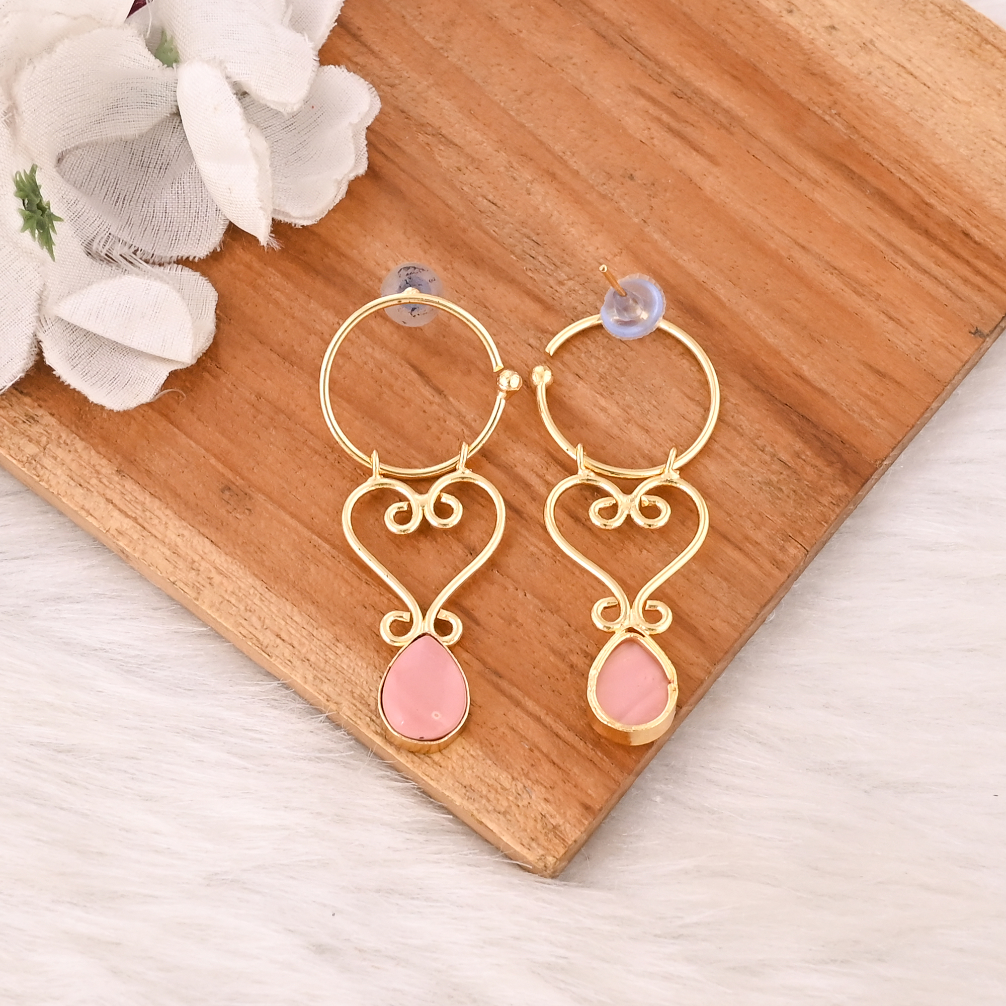 Elegant Pink Opal Gemstone Earrings Gold Plated Brass Fashion Jewelry for Women
