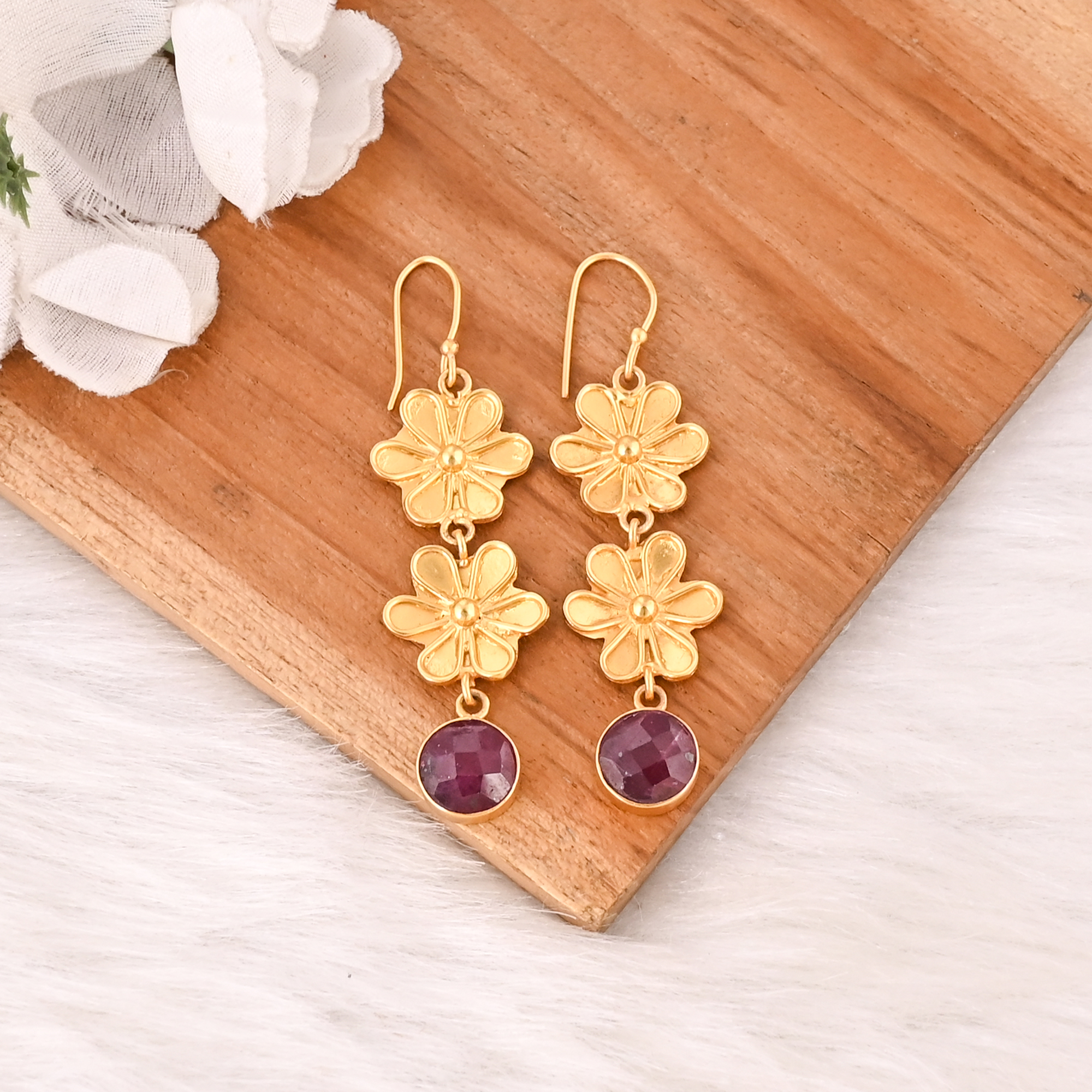 Stylish Garnet Hydro Stone Drop Earrings Gold Plated Handmade Brass Jewelry for Women