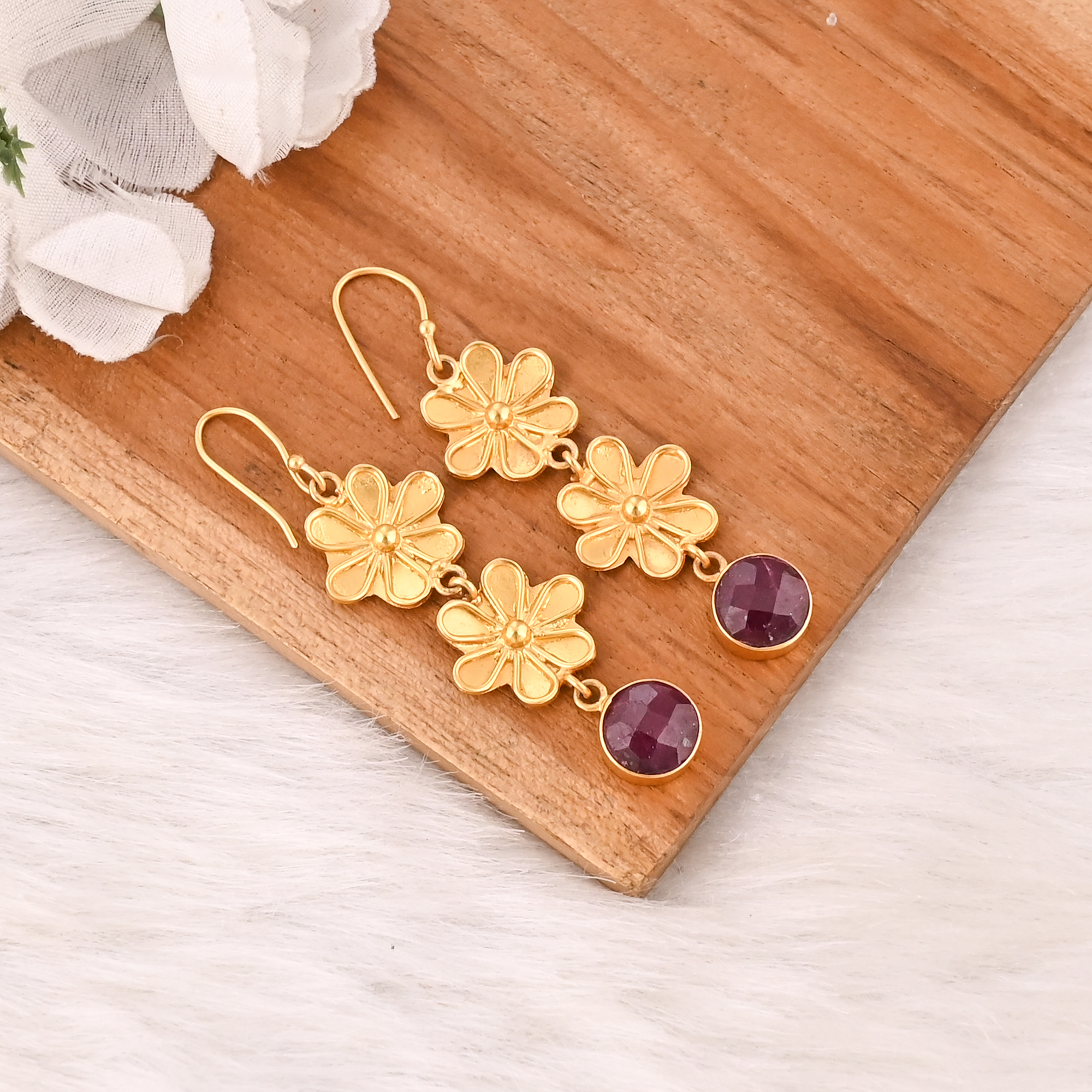Stylish Garnet Hydro Stone Drop Earrings Gold Plated Handmade Brass Jewelry for Women