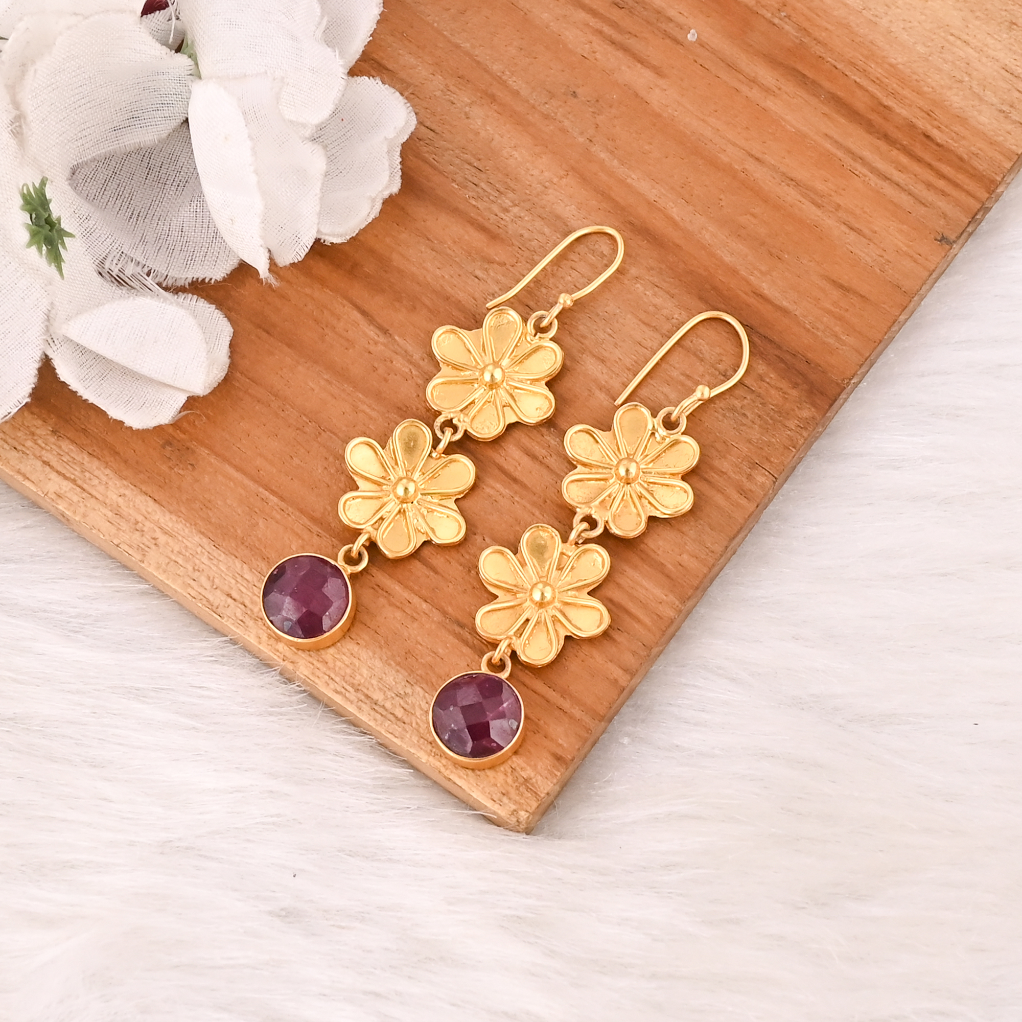 Stylish Garnet Hydro Stone Drop Earrings Gold Plated Handmade Brass Jewelry for Women