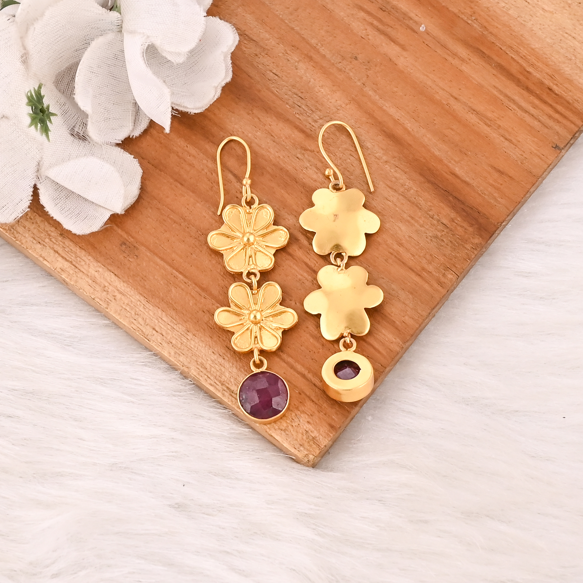 Stylish Garnet Hydro Stone Drop Earrings Gold Plated Handmade Brass Jewelry for Women