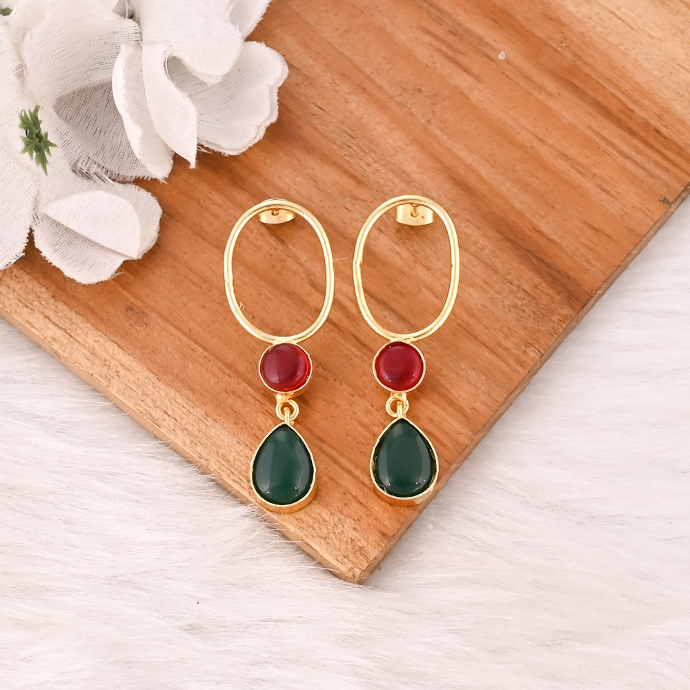 Image of Stylish Gold Plated Garnet Hydro &amp; Green Onyx Stone Drop Earrings Handmade Brass Jewelry for Women