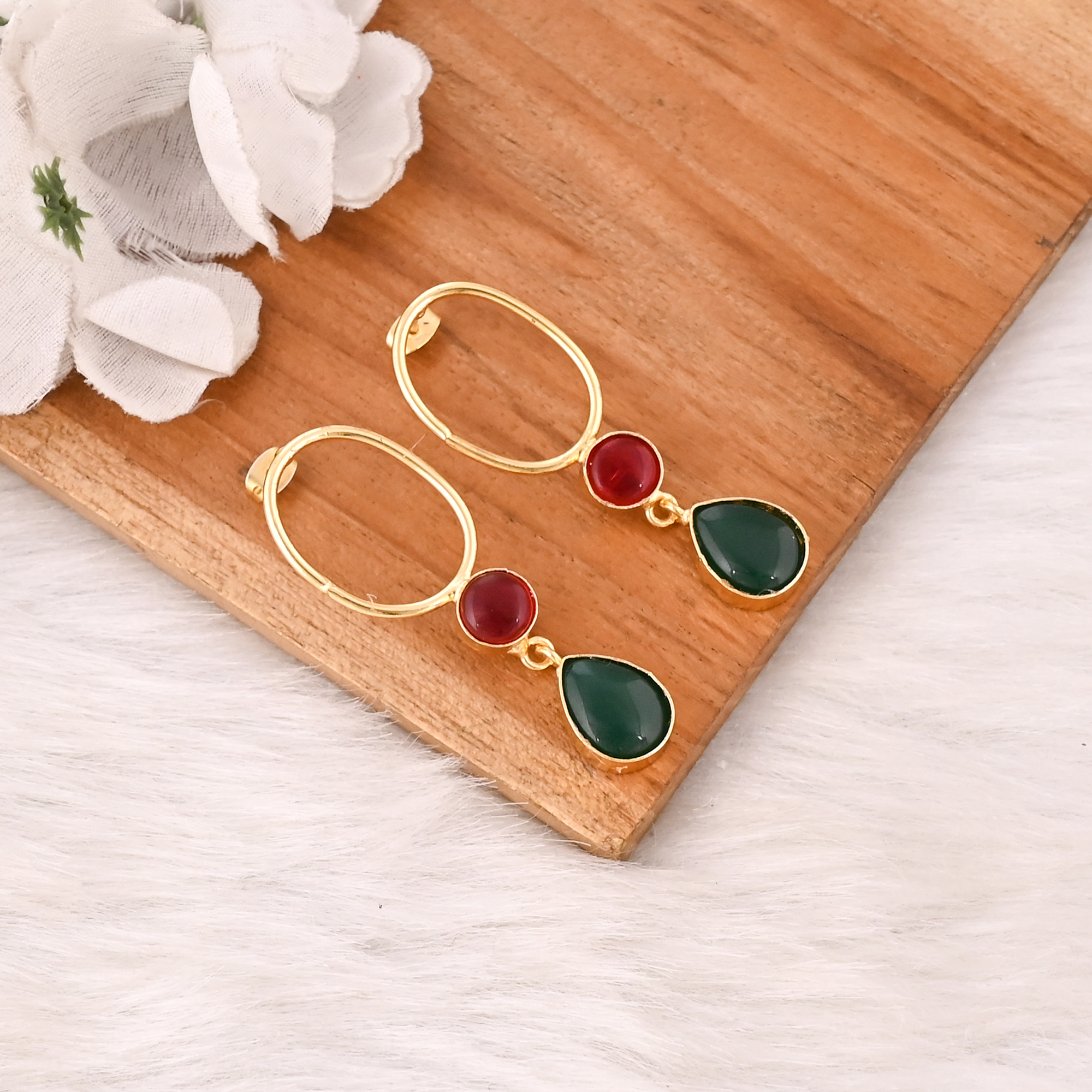 Stylish Gold Plated Garnet Hydro  Green Onyx Stone Drop Earrings Handmade Brass Jewelry for Women