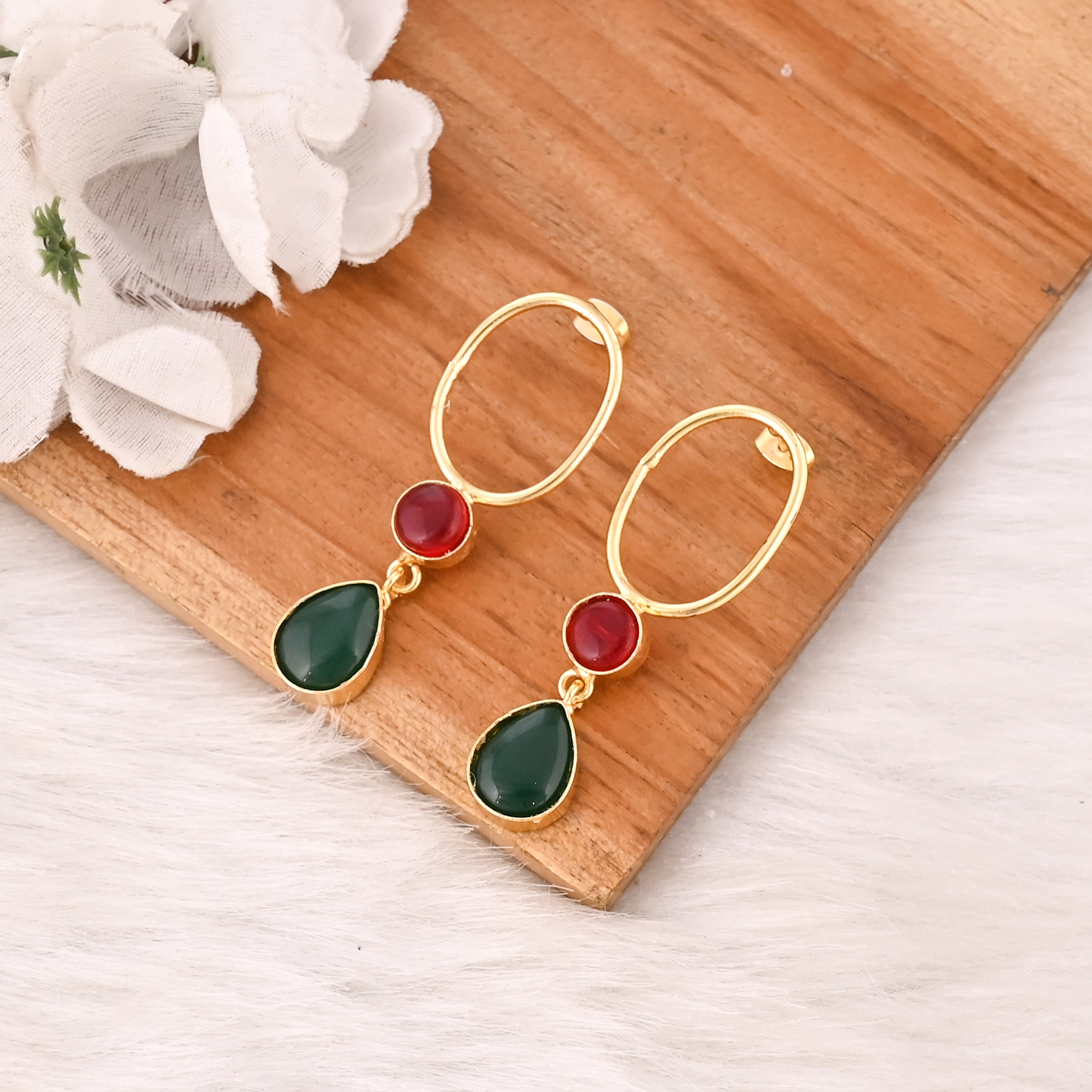 Stylish Gold Plated Garnet Hydro  Green Onyx Stone Drop Earrings Handmade Brass Jewelry for Women