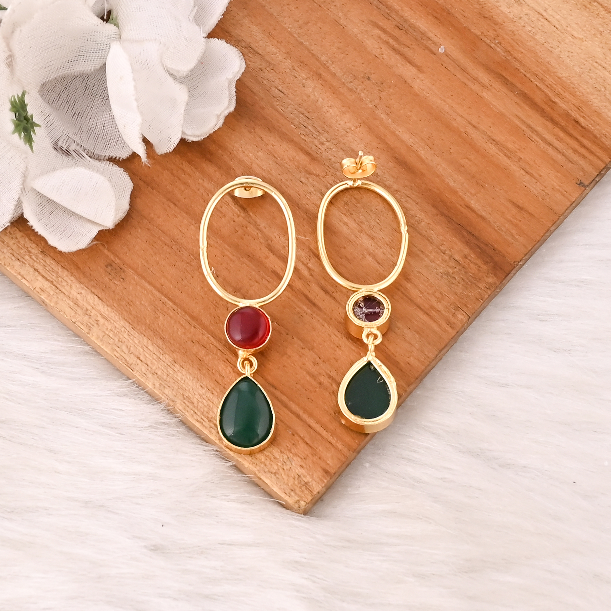 Stylish Gold Plated Garnet Hydro  Green Onyx Stone Drop Earrings Handmade Brass Jewelry for Women