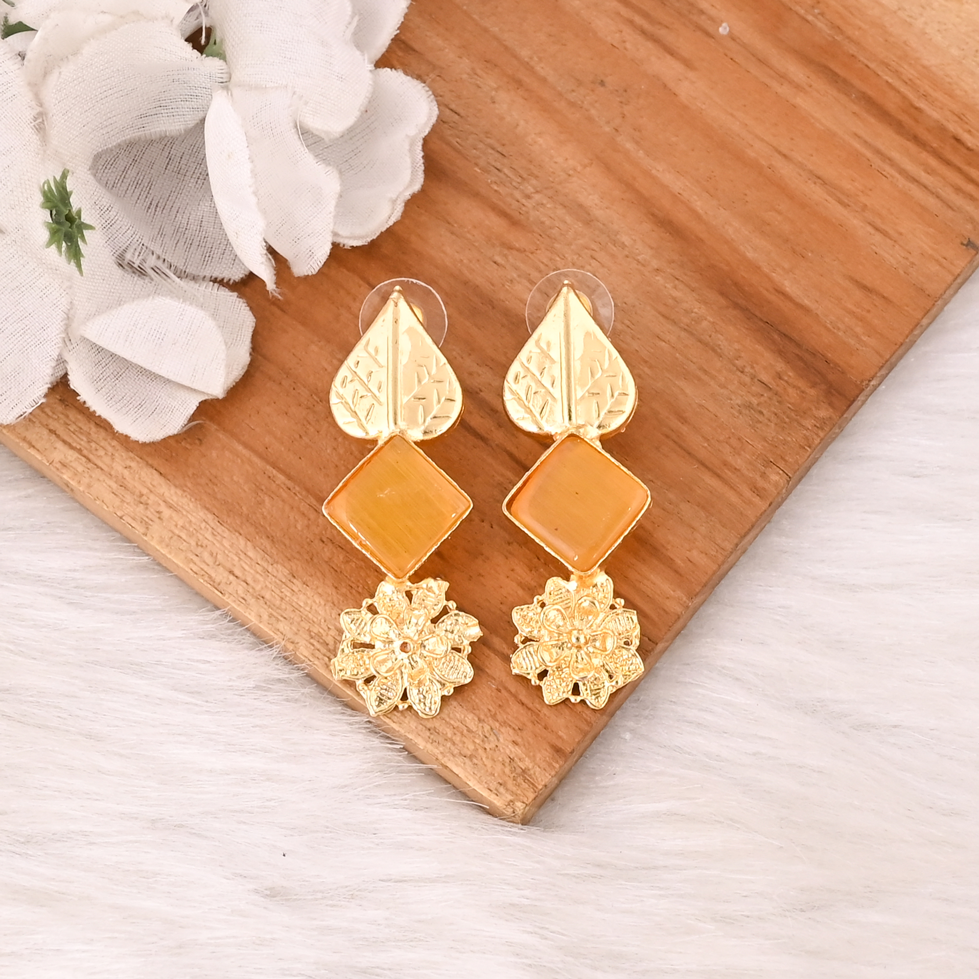 Elegant Lemon Cats Eye Gemstone Earrings Designer Brass Fashion Jewelry for Women