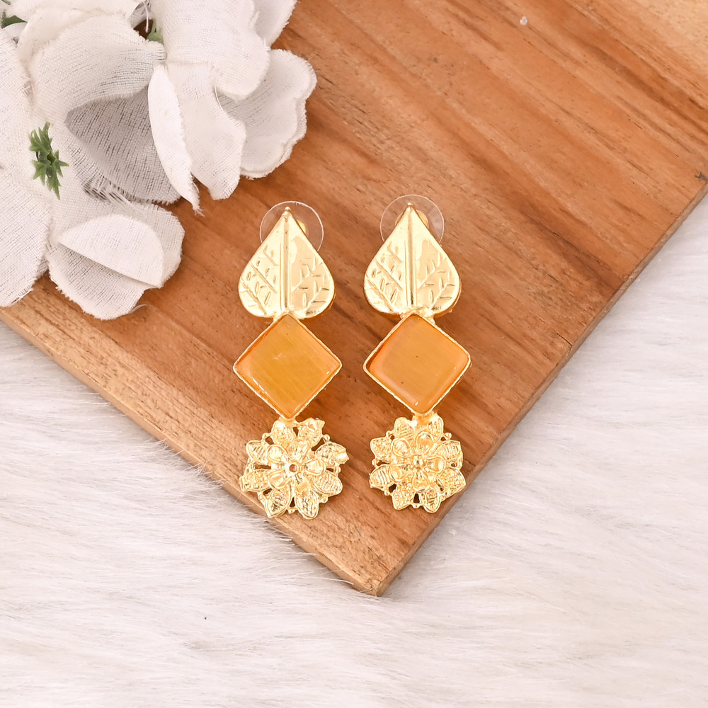 Image of Elegant Lemon Cat's Eye Gemstone Earrings Designer Brass Fashion Jewelry for Women