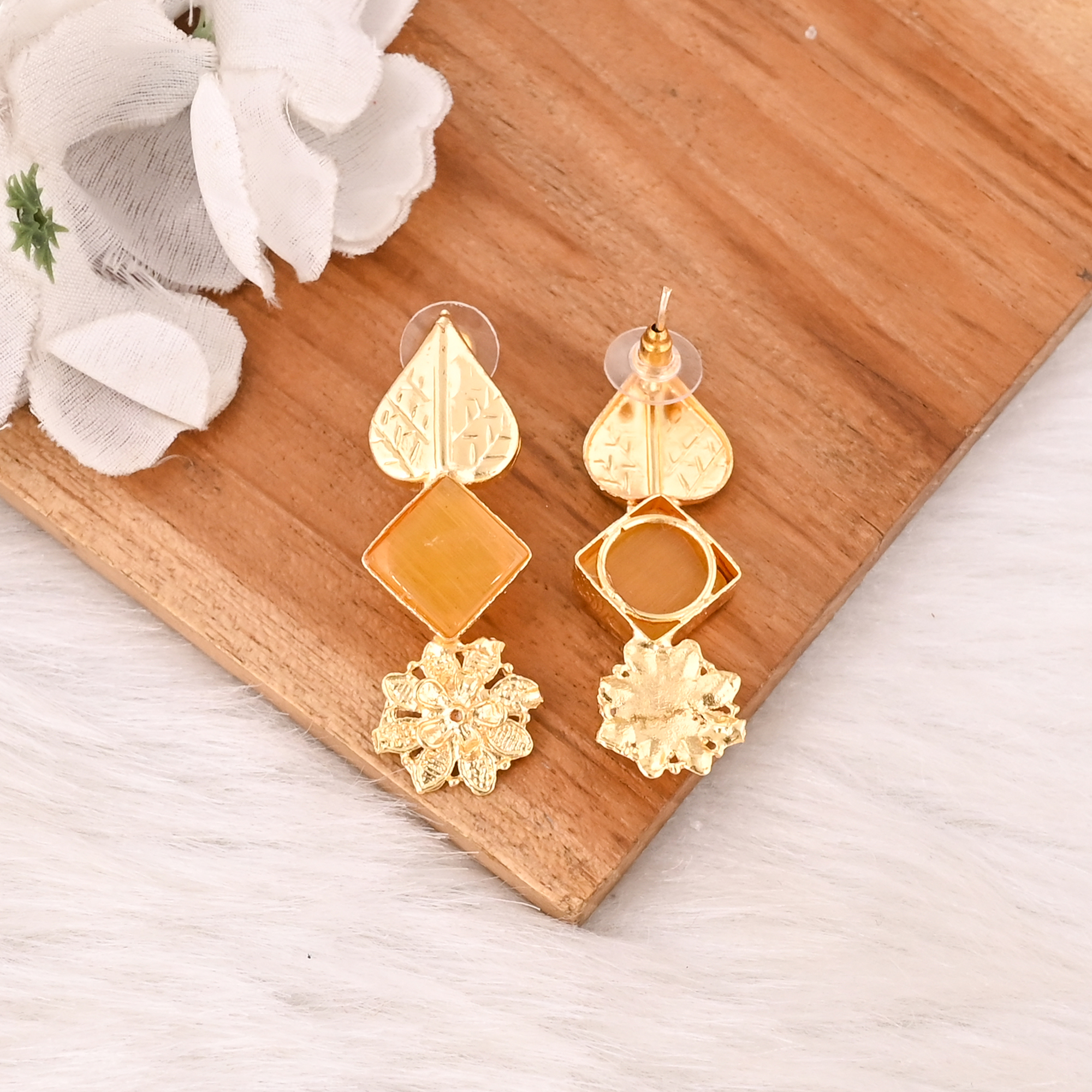 Elegant Lemon Cats Eye Gemstone Earrings Designer Brass Fashion Jewelry for Women