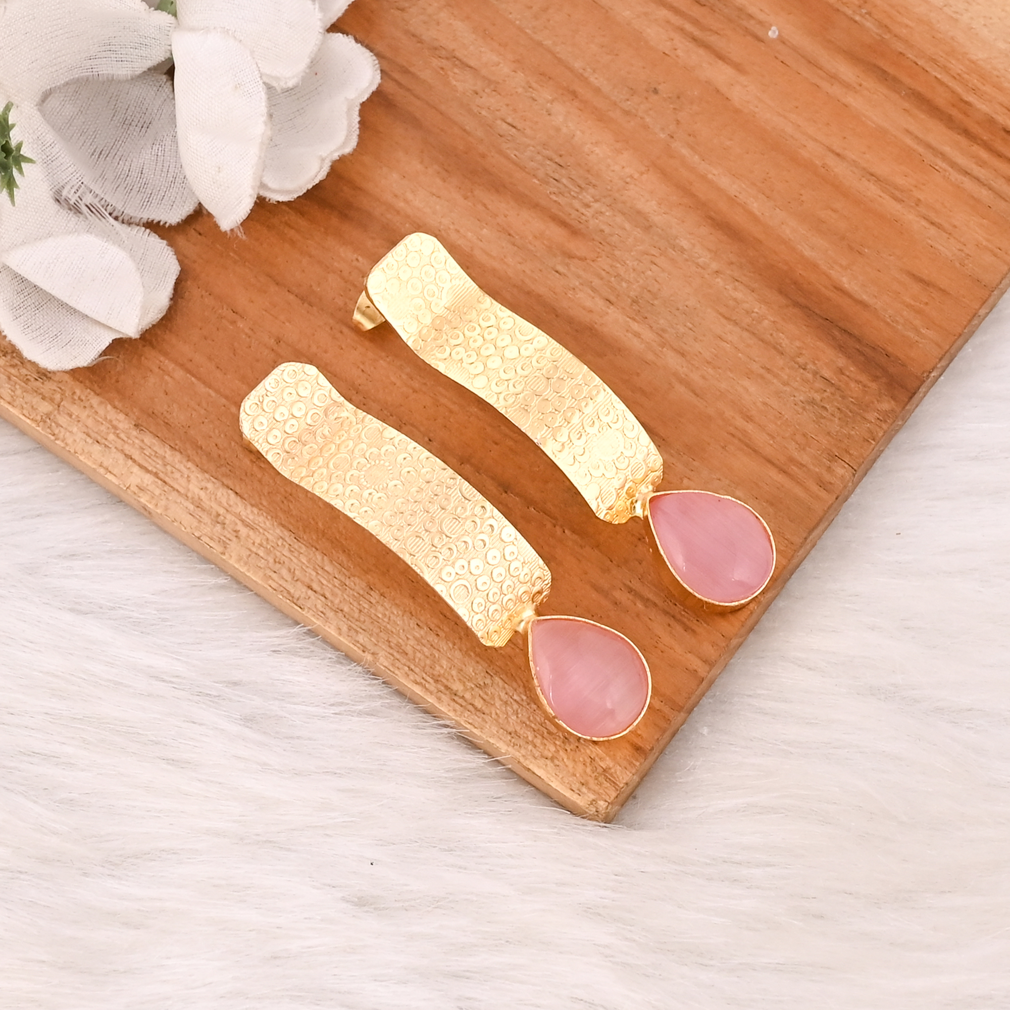 Elegant Pink Cats Eye Gemstone Bezel Set Earrings Gold Plated Brass Fashion Jewelry for Women