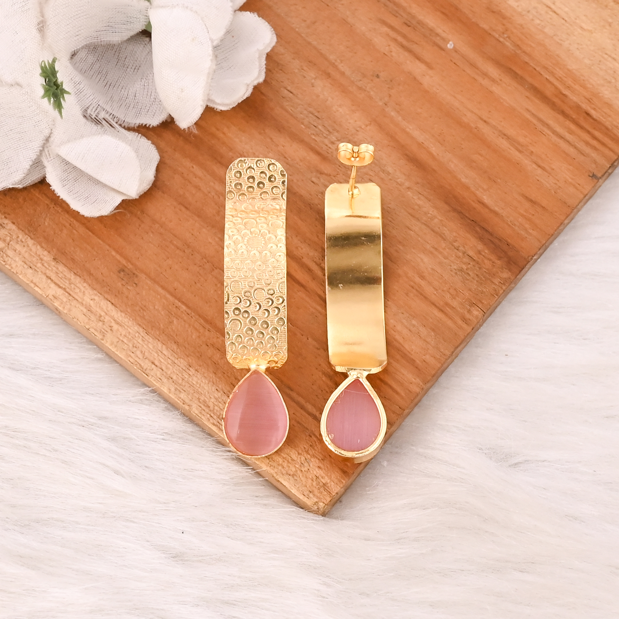 Elegant Pink Cats Eye Gemstone Bezel Set Earrings Gold Plated Brass Fashion Jewelry for Women
