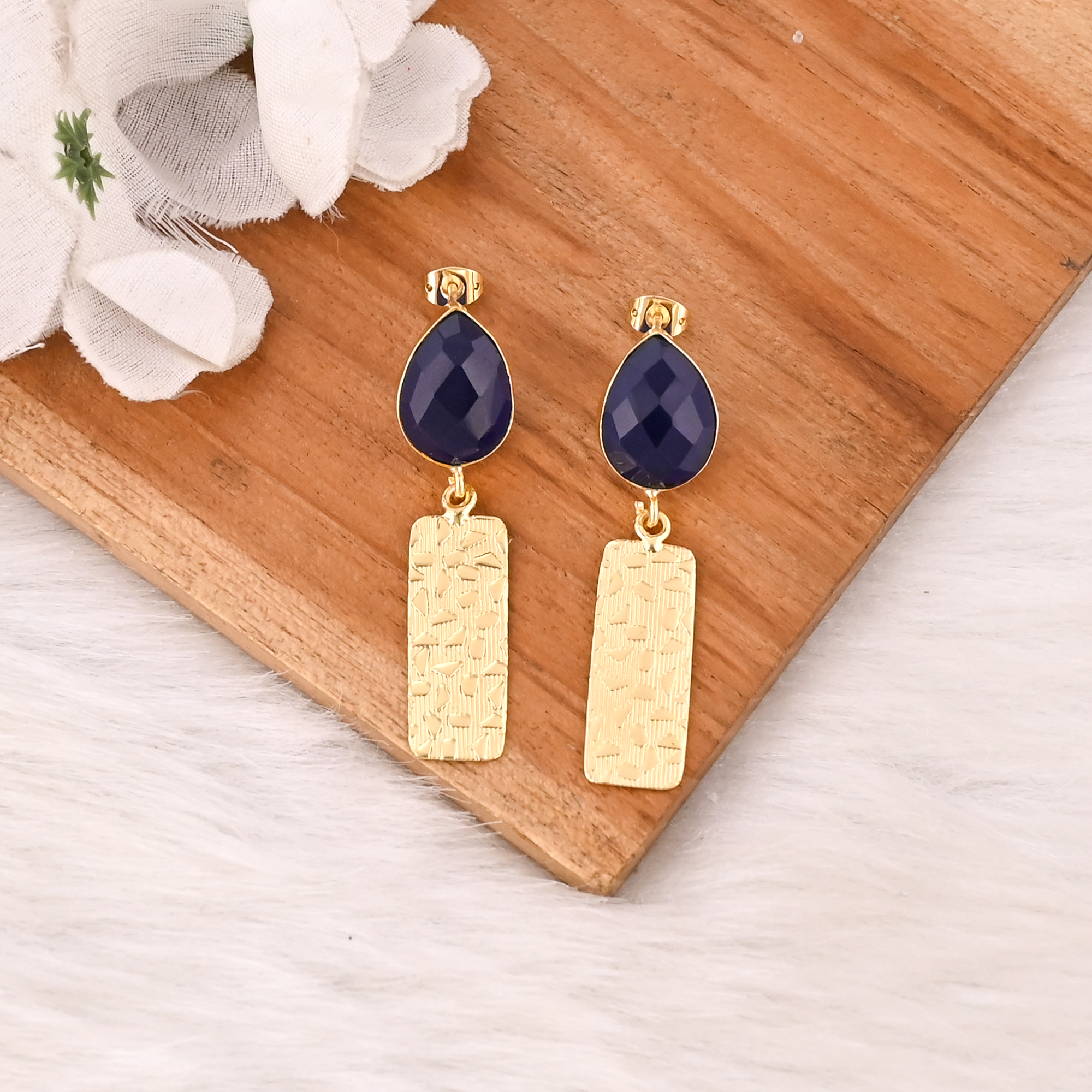 Elegant Gold Plated Ink Blue Hydro Gemstone Brass Earring Handmade Fashion Jewelry for Women Gift