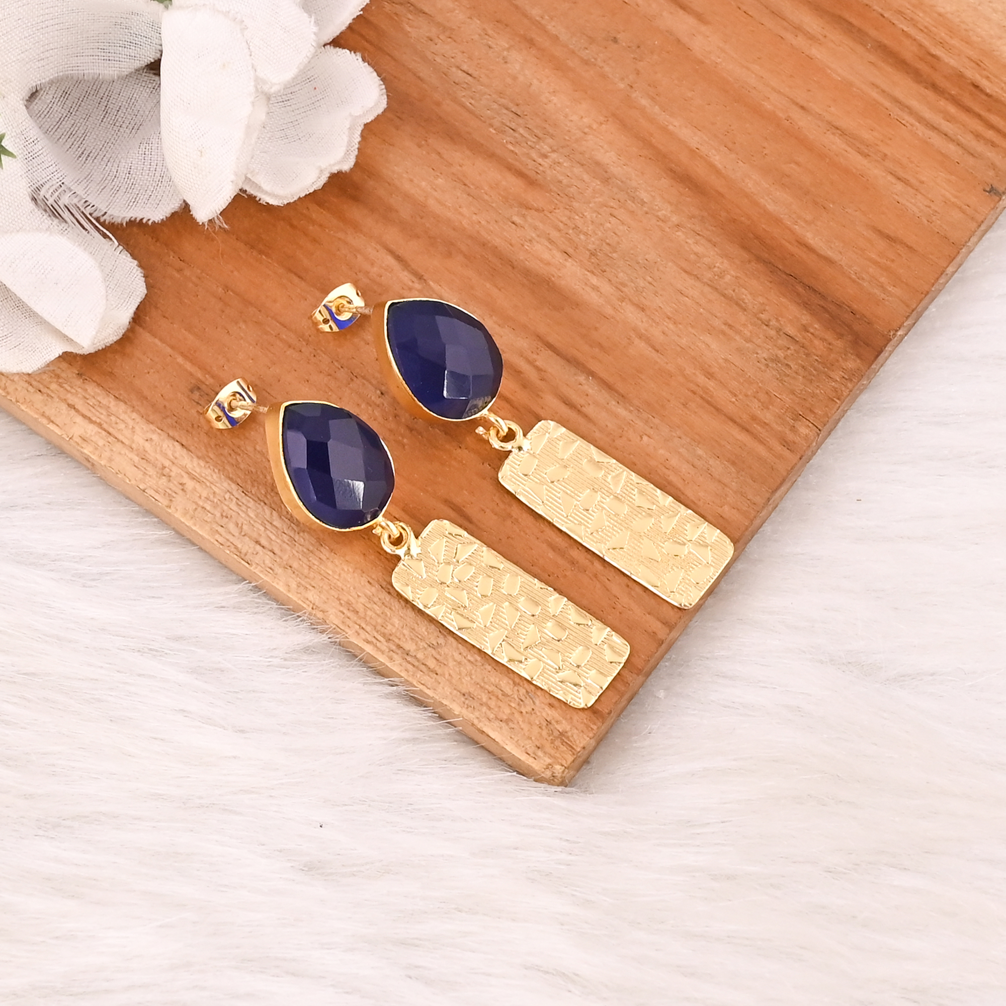 Elegant Gold Plated Ink Blue Hydro Gemstone Brass Earring Handmade Fashion Jewelry for Women Gift