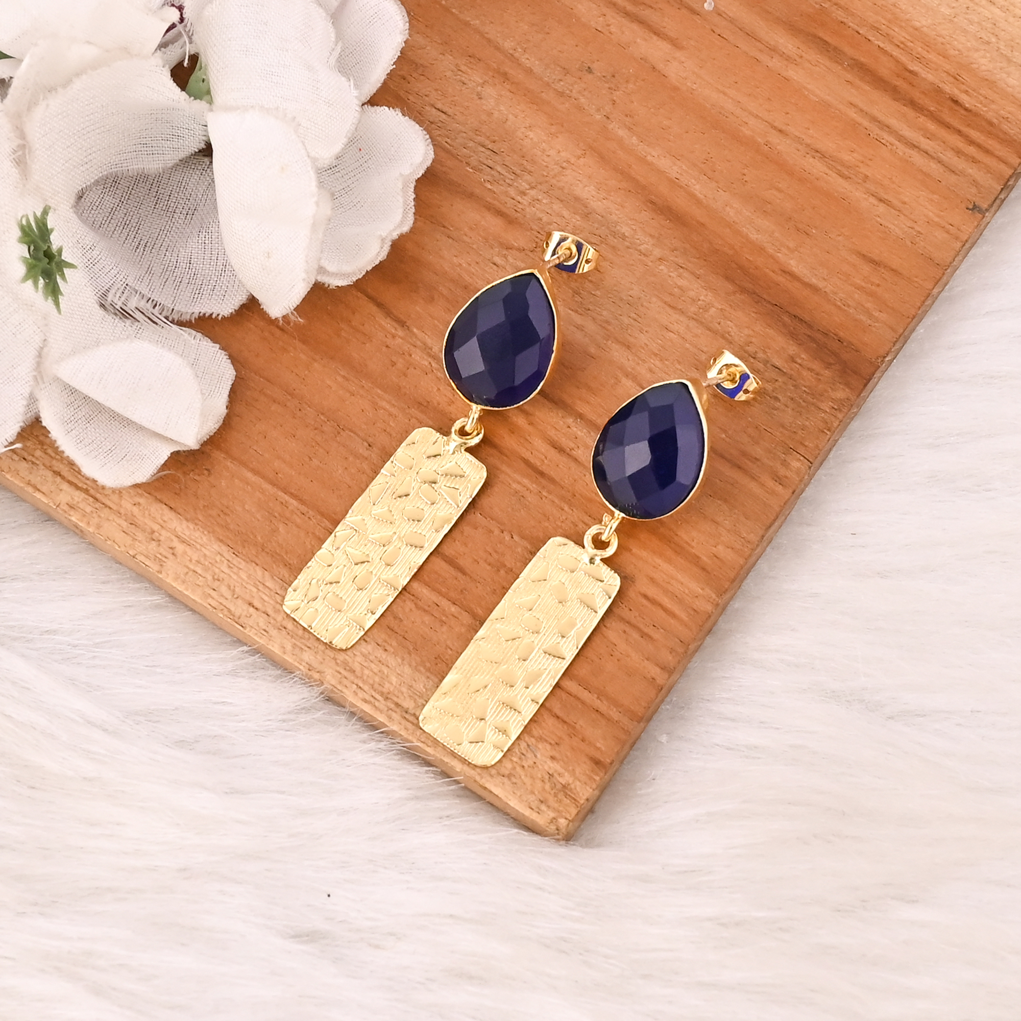 Elegant Gold Plated Ink Blue Hydro Gemstone Brass Earring Handmade Fashion Jewelry for Women Gift