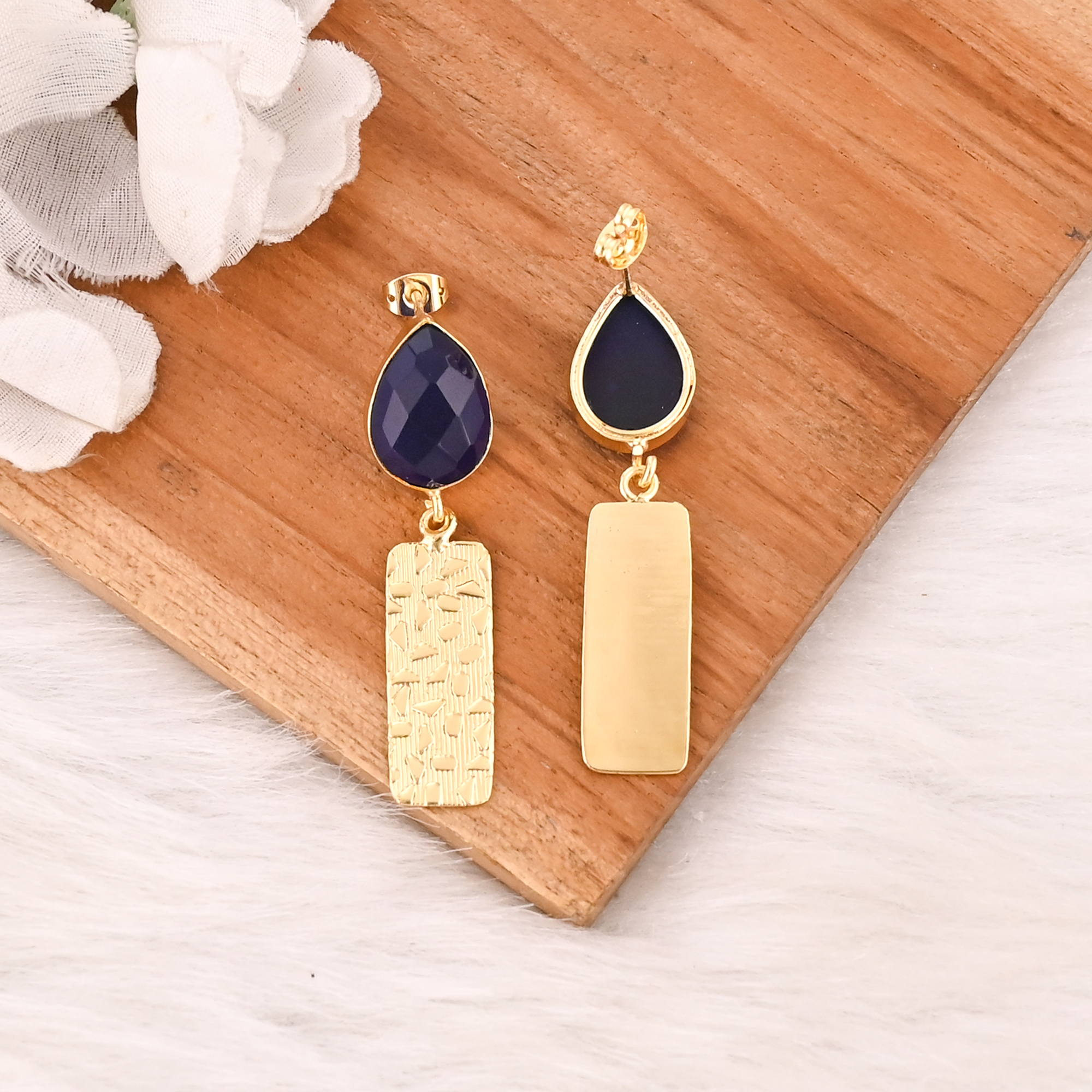 Elegant Gold Plated Ink Blue Hydro Gemstone Brass Earring Handmade Fashion Jewelry for Women Gift