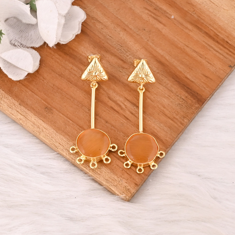 Image of Elegant Yellow Cat's Eye Gemstone Earrings Designer Brass Fashion Jewelry for Women