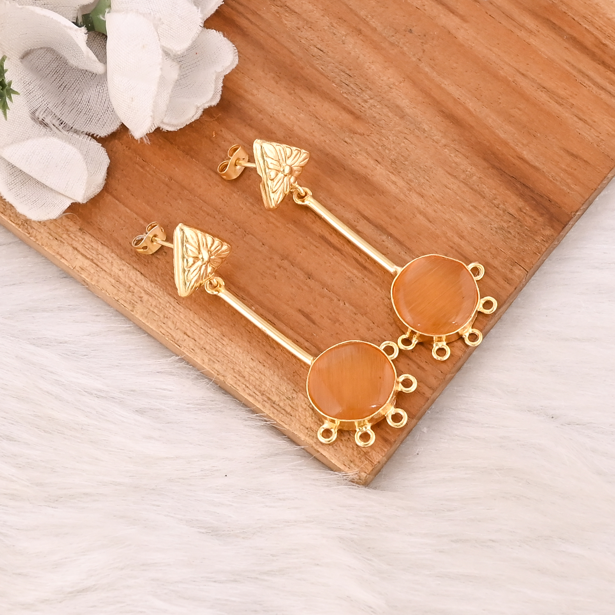 Elegant Yellow Cats Eye Gemstone Earrings Designer Brass Fashion Jewelry for Women