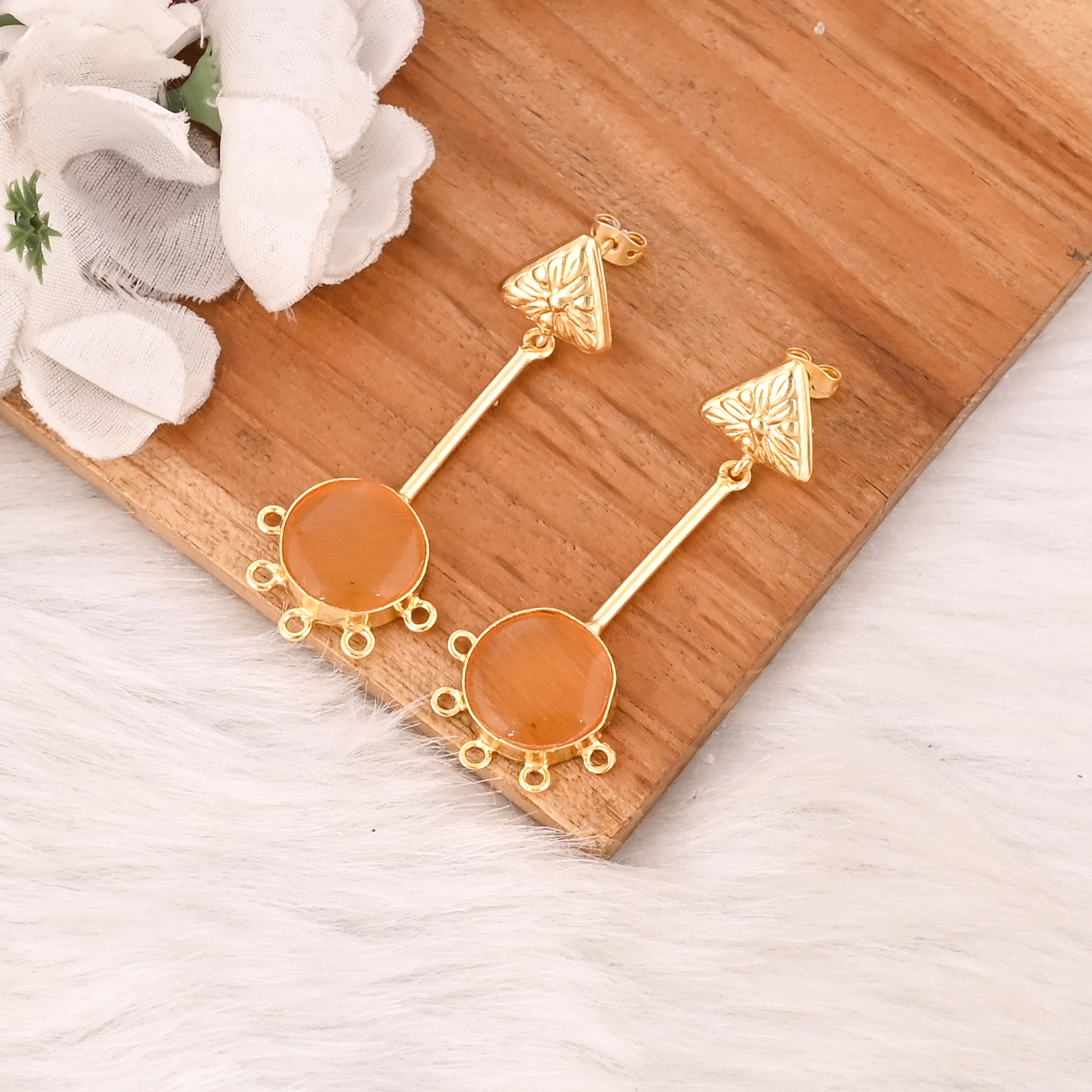 Elegant Yellow Cats Eye Gemstone Earrings Designer Brass Fashion Jewelry for Women